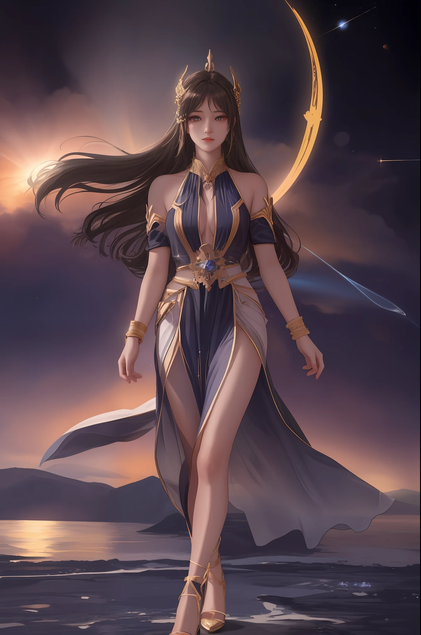 Under the deep and boundless cosmic starry sky,A goddess stood there,Her beauty and mystery are breathtaking。Her figure seemed so small in the starry night sky,But it exudes an indescribable grandeur。Her eyes sparkled like stars,Refracting the endless mysteries and beauty of the universe。
The goddess wore a tulle-like robe,the moonlight was shining on her body,Make her figure more dreamy。Her long hair flowed down her shoulders like a waterfall。。,Sway gently with the wind,Like a river of stars rippling in the night sky。
Her hands gently raised a splendid planet。,It's like holding the entire galaxy in the palm of your hand。Her gaze traveled through time and space,Explore the endless mysteries of the universe。Around her,Countless meteors pierced the night sky,Like the hem of her skirt fluttering gently。
Against this magnificent backdrop,The face of the goddess is like the brightest star,Gentle and firm。She seems to control the life and death of the entire universe,But with compassion,Caring for all beings in the world。Her presence,Make the starry sky more captivating,Make the universe more mysterious。
Goddess of the universe under the stars,It represents the endless mysteries of the universe,It also carries the endless yearning of human beings。She is like a symbol of eternity,Always standing there,Guard the sea of stars。