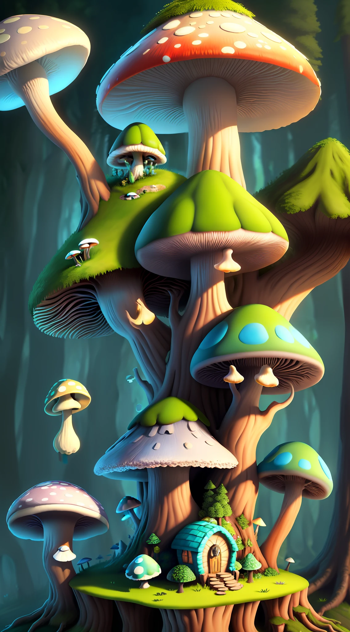 Close-up of a bunch of mushrooms in the forest, mushroom city, Mushroom forest, cyber mushroom city, mushroom house, forest made of mushrooms, mushroom trees, Stylized concept art, mushroom house, 3 d render stylized, Mushrooms are everywhere, Detailed digital 2D fantasy art, houses in the shape of mushrooms, magical fantasy 2 d concept art