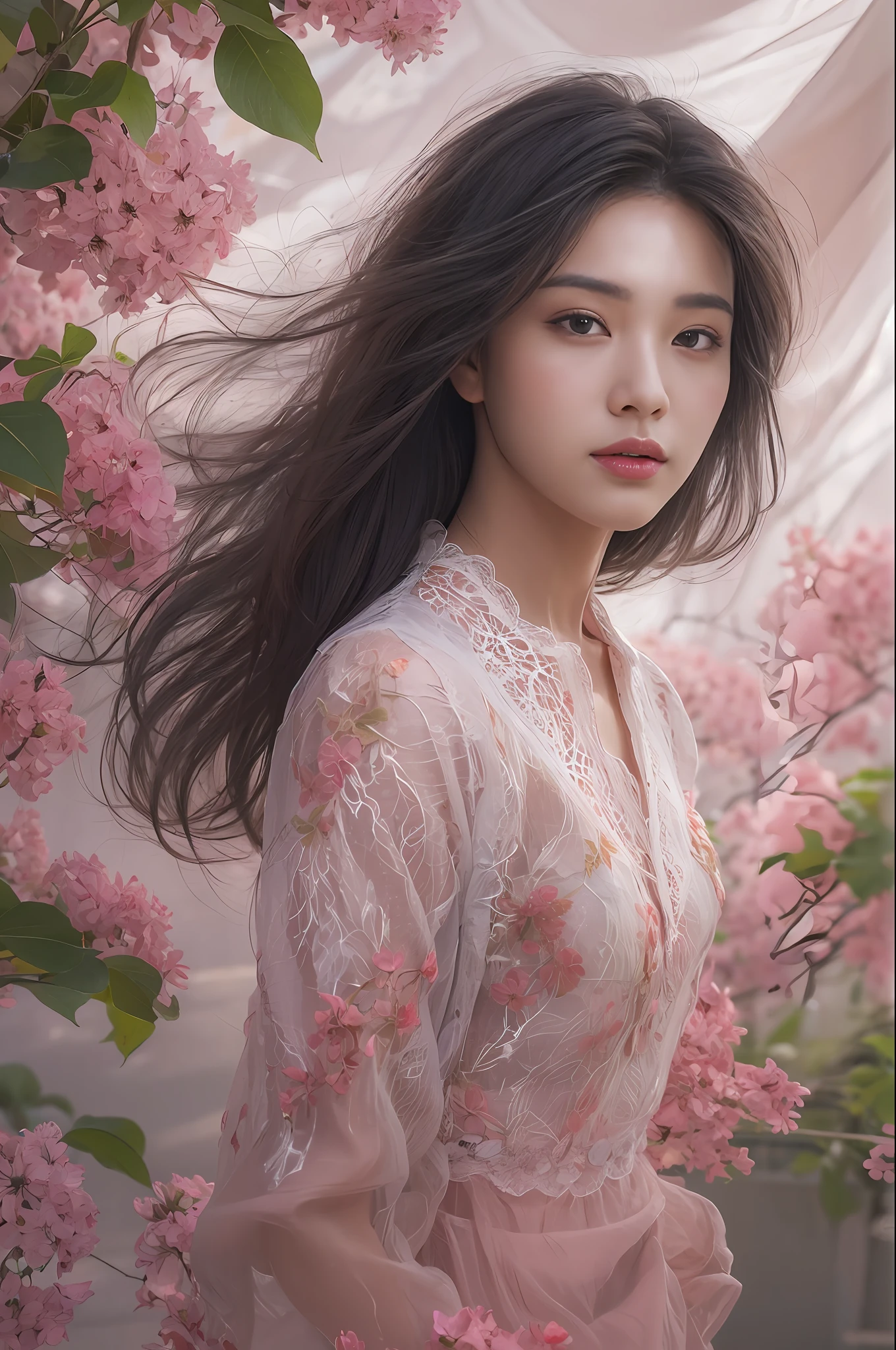 (Highly detailed body,Highly detailed face,Best quality at best:1.2) ,A woman who is,(Wearing lace pink bougainvillea in the background is chaotic:1.4)Dandelions flutter in the wind,a Korean girl,HD photo effects,Artistic photos,The white skirt flutters in the wind,ccurateblack hair,beautiful face