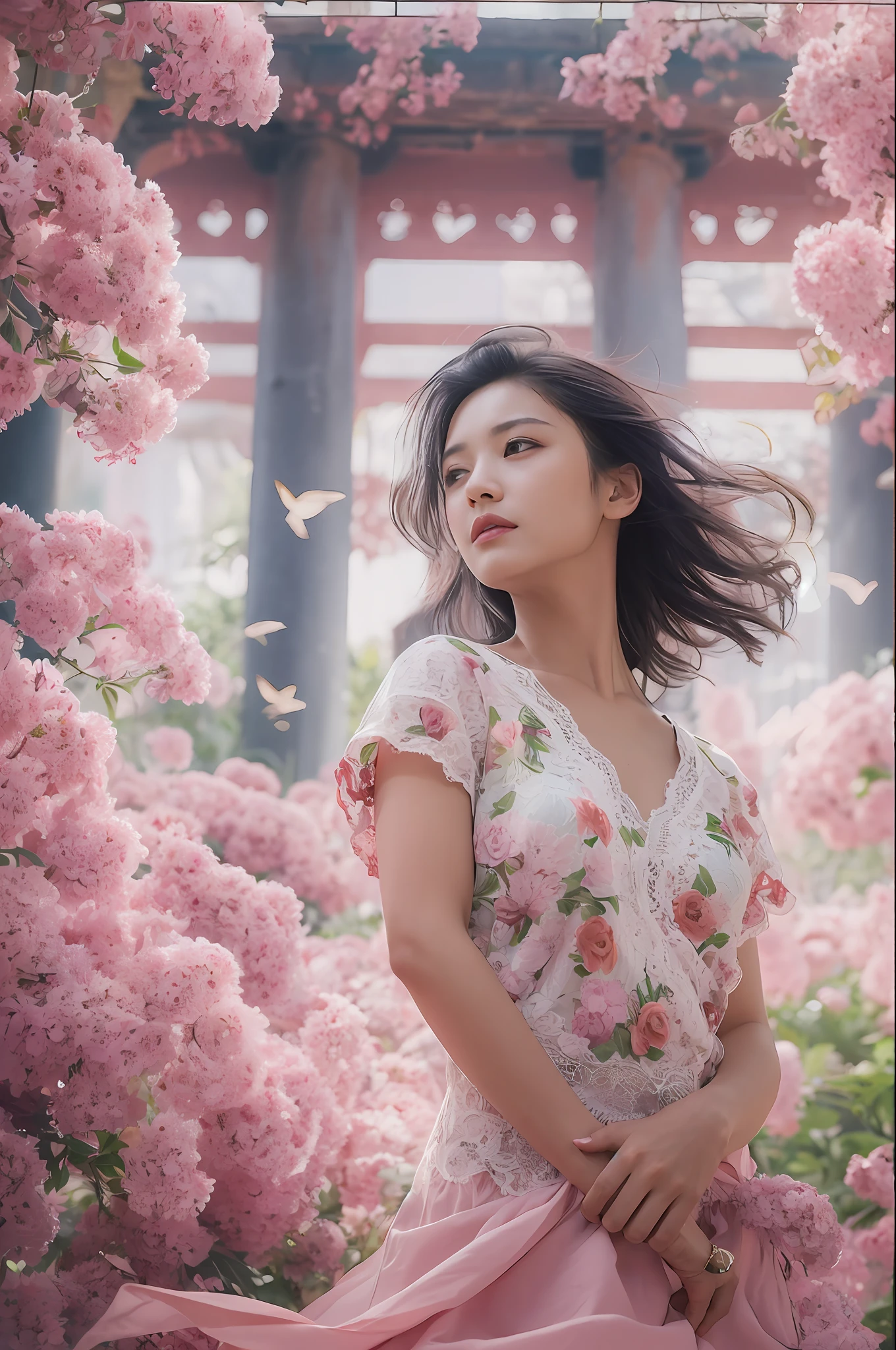 (Highly detailed body,Highly detailed face,Best quality at best:1.2) ,A woman who is,(Wearing lace pink bougainvillea in the background is chaotic:1.4)Dandelions flutter in the wind,a Korean girl,HD photo effects,Artistic photos,The white skirt flutters in the wind,ccurateblack hair,beautiful face