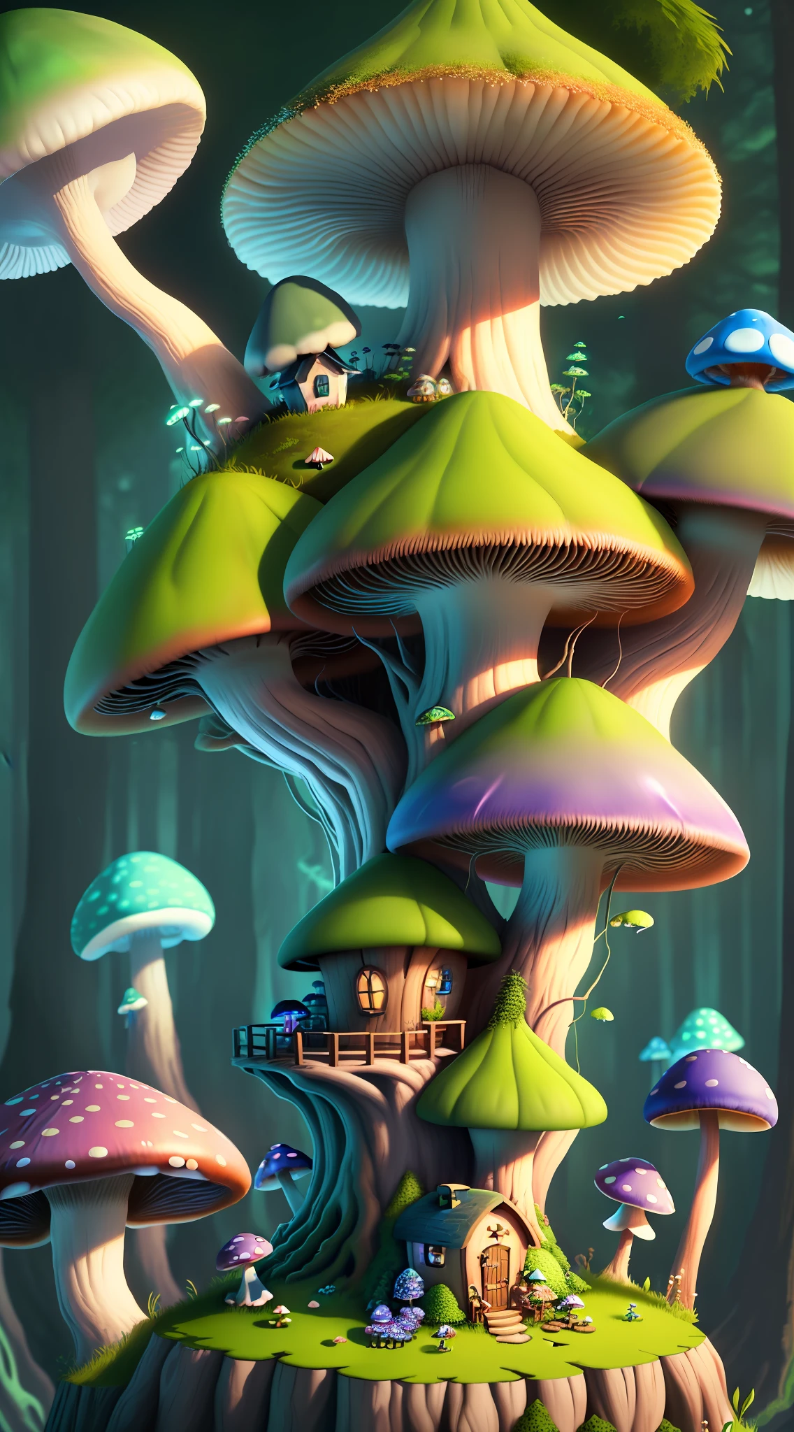 Close-up of a bunch of mushrooms in the forest, mushroom city, Mushroom forest, cyber mushroom city, mushroom house, forest made of mushrooms, mushroom trees, Stylized concept art, mushroom house, 3 d render stylized, Mushrooms are everywhere, Detailed digital 2D fantasy art, houses in the shape of mushrooms, magical fantasy 2 d concept art