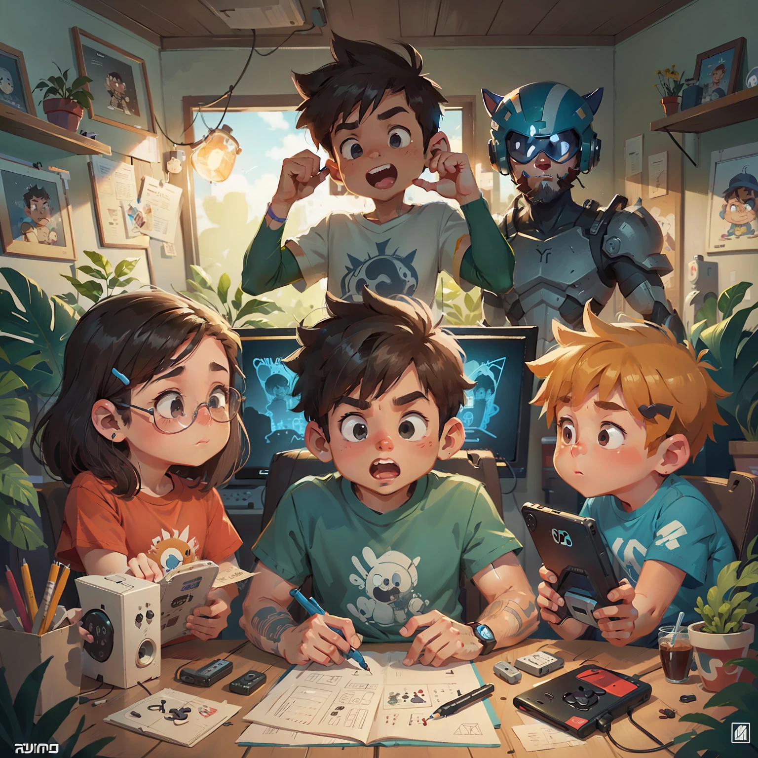 desenho animado de um homem jogando um videogame em um computador, usando camisa roxa, fanart de videogame, video - game, arte de jogos de computador, Game Illustration, jogo de computador