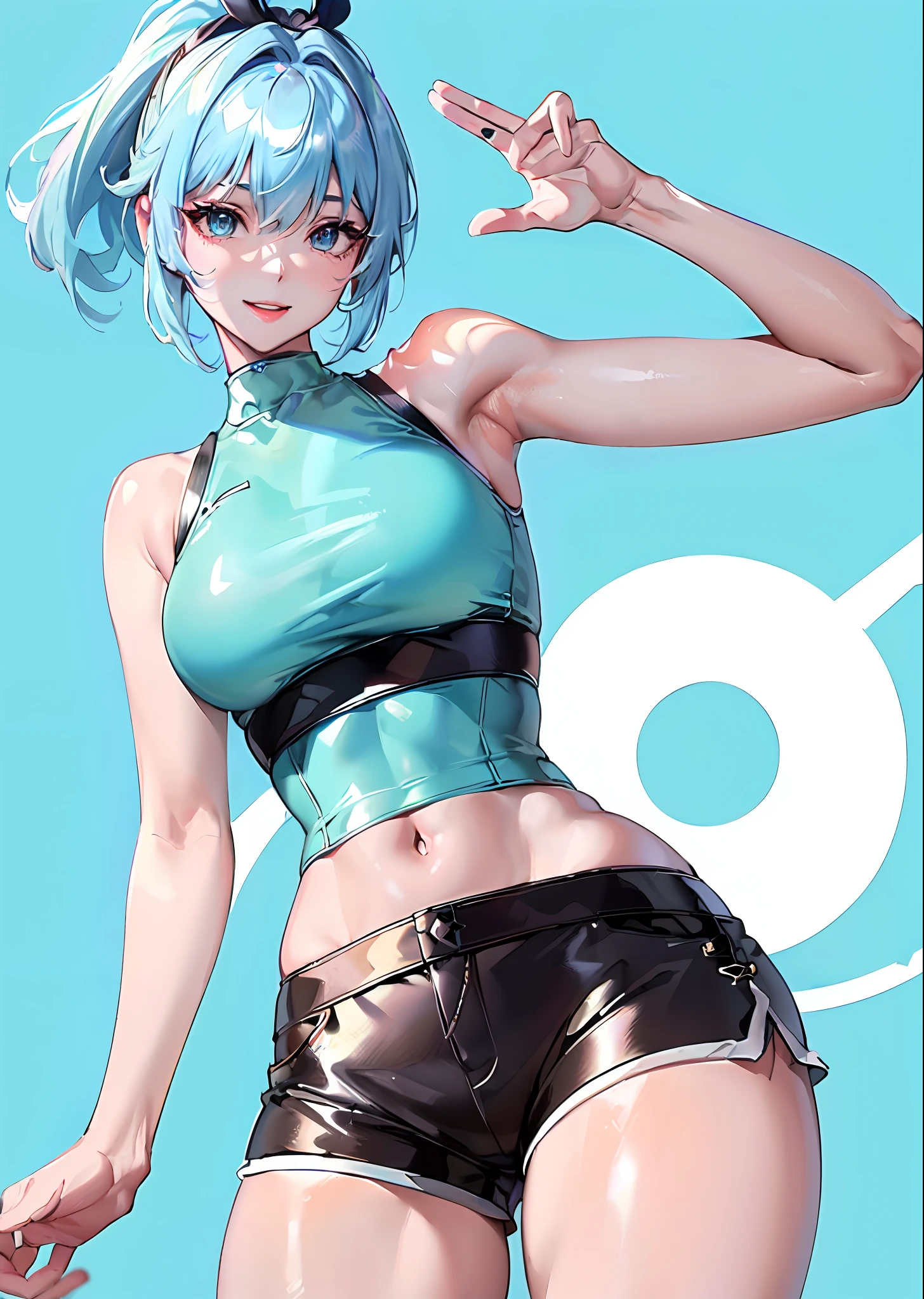 light blue background、((top-quality、8K、masterpiece:1.3))、Dynamic Pose、A smile、foco nítido:1.2、Beautiful woman with perfect body shape:1.4、Beautiful face、beautiful countenance、White hair、Pixie Bob、Slender Abs:1.2、A sexy、Short Hot Pants、Short shorts、Short tank top、panthyhose:1.2、Highly detailed facial and skin texture、A detailed eye、二重まぶた、Black pantyhose:1.3