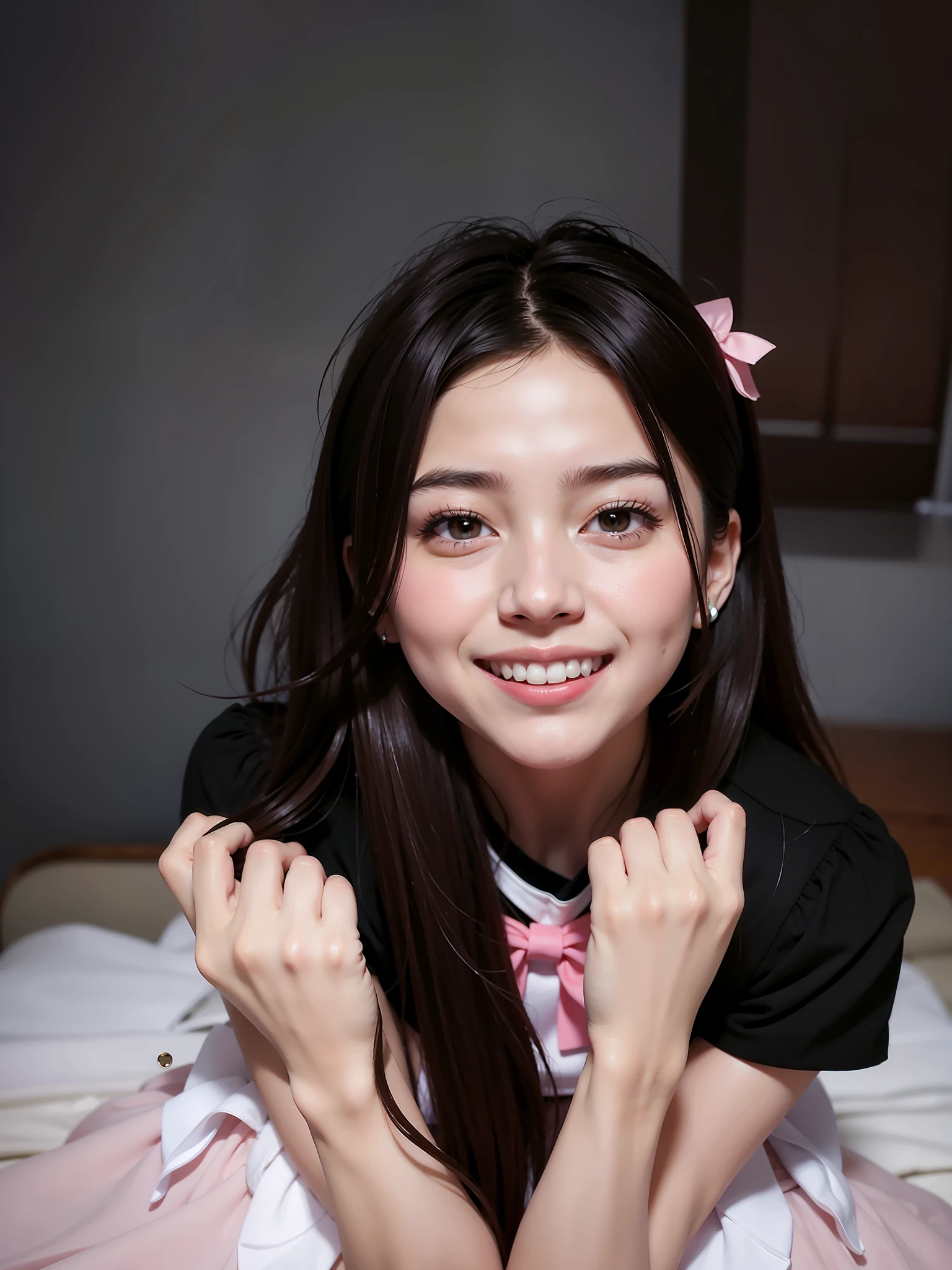 The princess raised her hands，She has a black-pink shirt and a pink gauze dress。Good photo quality，The picture has a grainy retro feel，The girl showed a bright sunny smile，Smiling eyes，High exposure，He wore a ribbon bow pinned to his right hair，