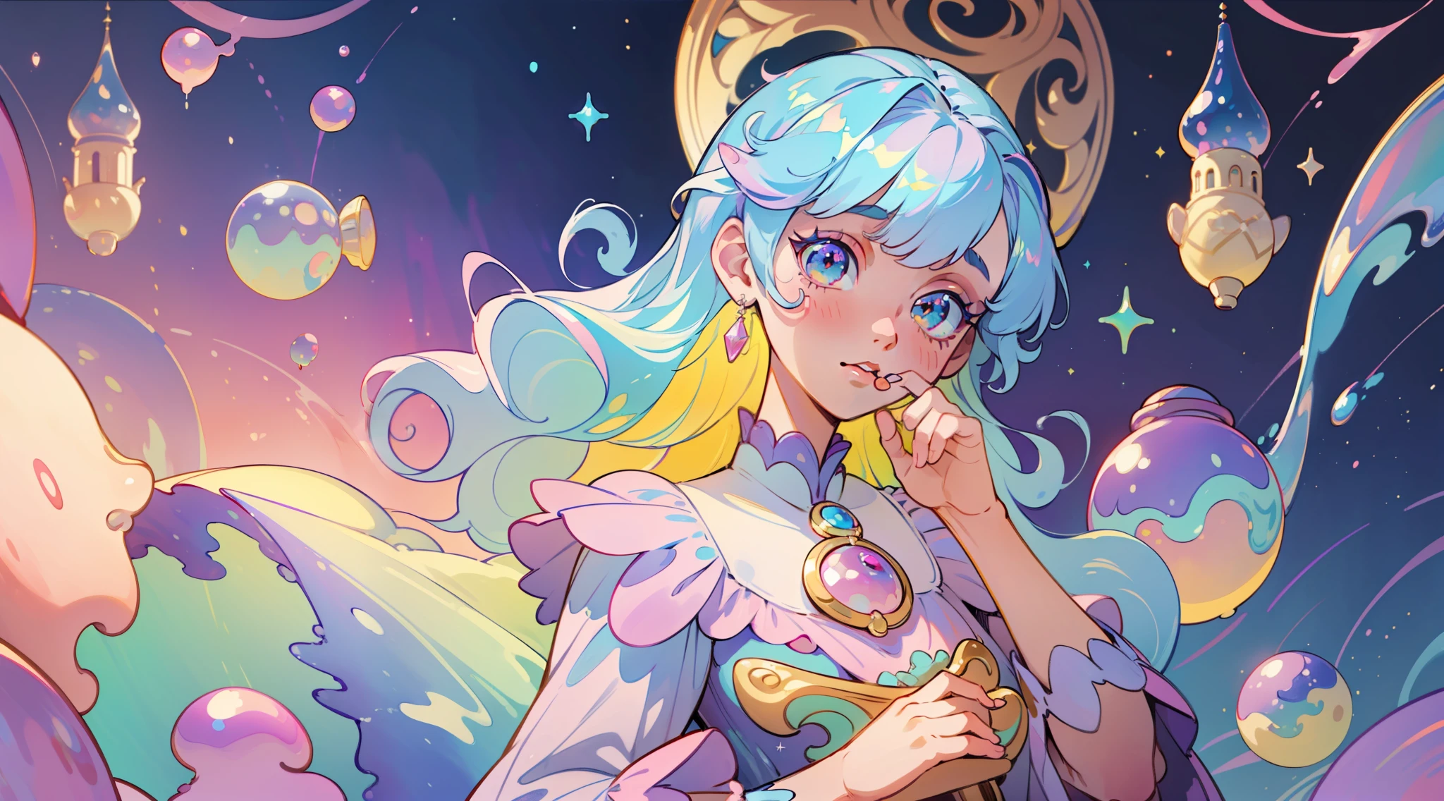 masterpiece, best quality, 8k resolution, sharp focus, intricate detail, beautiful girl, sparkling eyes, golden ratio face, otherworldly liquid, watercolor, ((pastel colors)), bright colors, whimsical, colorful, sharp focus, high resolution, fine detail, princess fantasy ballgown, ((round eyes)), iridescent bubbles, castle landscape in background
