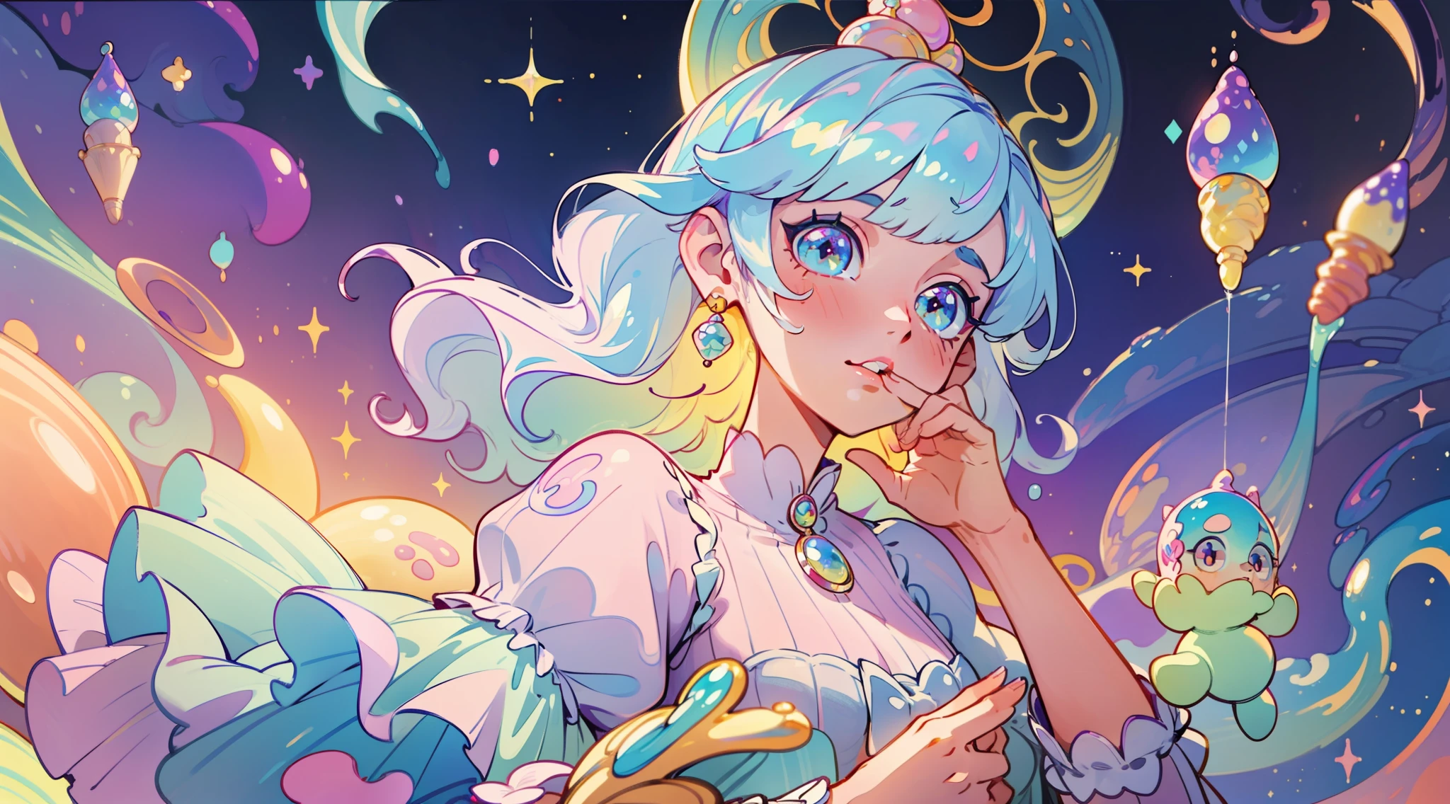 masterpiece, best quality, 8k resolution, sharp focus, intricate detail, beautiful girl, sparkling eyes, golden ratio face, otherworldly liquid, watercolor, ((pastel colors)), bright colors, whimsical, colorful, sharp focus, high resolution, fine detail, princess fantasy ballgown, ((round eyes)), iridescent bubbles, castle landscape in background