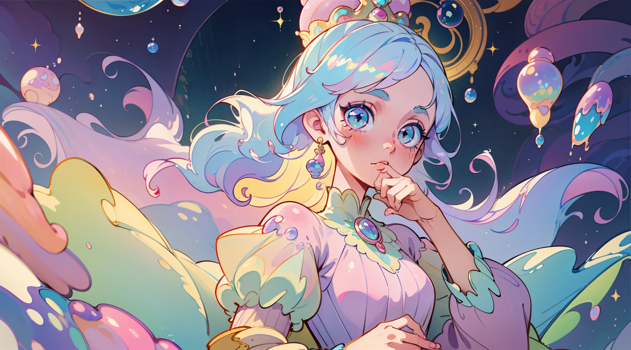 masterpiece, best quality, 8k resolution, sharp focus, intricate detail, beautiful girl, sparkling eyes, golden ratio face, otherworldly liquid, watercolor, ((pastel colors)), bright colors, whimsical, colorful, sharp focus, high resolution, fine detail, princess fantasy ballgown, ((round eyes)), iridescent bubbles, castle landscape in background