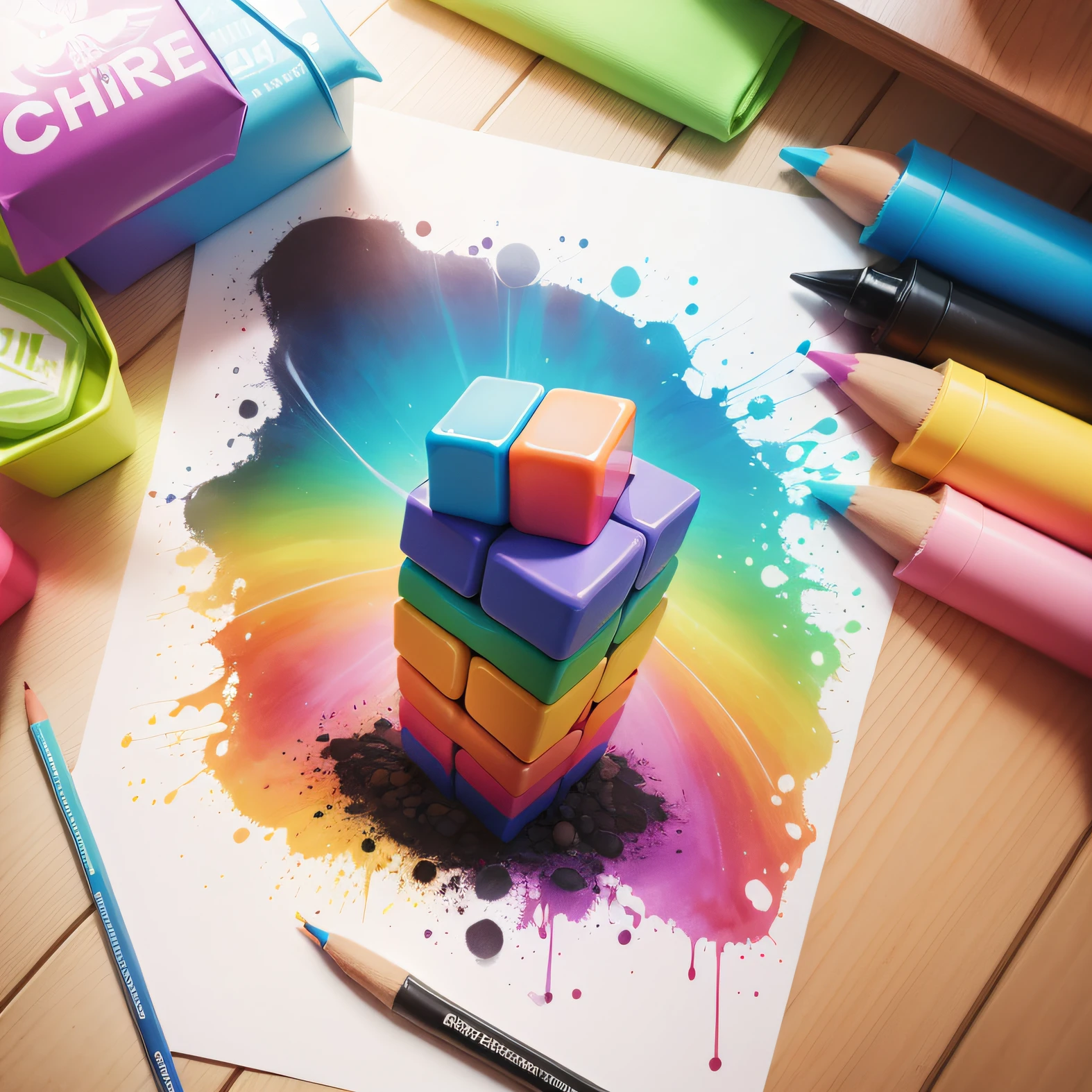 Pencils and brightly colored markers are on a table with a drawing of a rainbow-colored cube, cinema 4d render colorido, 3d arte digital 4k, 3 d illutration, 3 d artistic render, arte conceitual colorida, desenho colorido, anamorphic illustration, Cinema 4 d arte, desenho colorido, ultra realistic 3d illustration, artistic rendering, 3 d epic illustrations