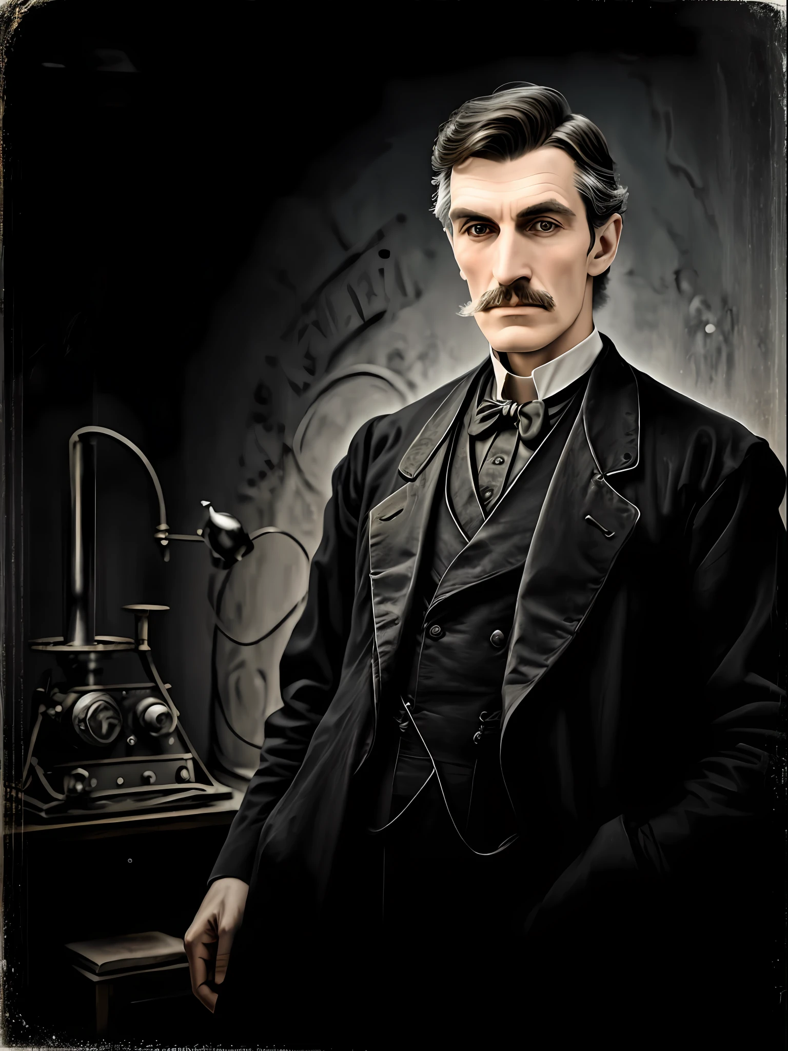 uma foto em preto e branco de um homem com bigode, Nikola Tesla, Retrato de Nikola Tesla, tesla, nikolai tesla in his lab, bobina de tesla, Jorge Orwell, autor desconhecido, Einstein, Pose estoica, 1895, bobinas de tesla, 1 8 9 5, desconhecido, Eeriewave, um inventor, 1898