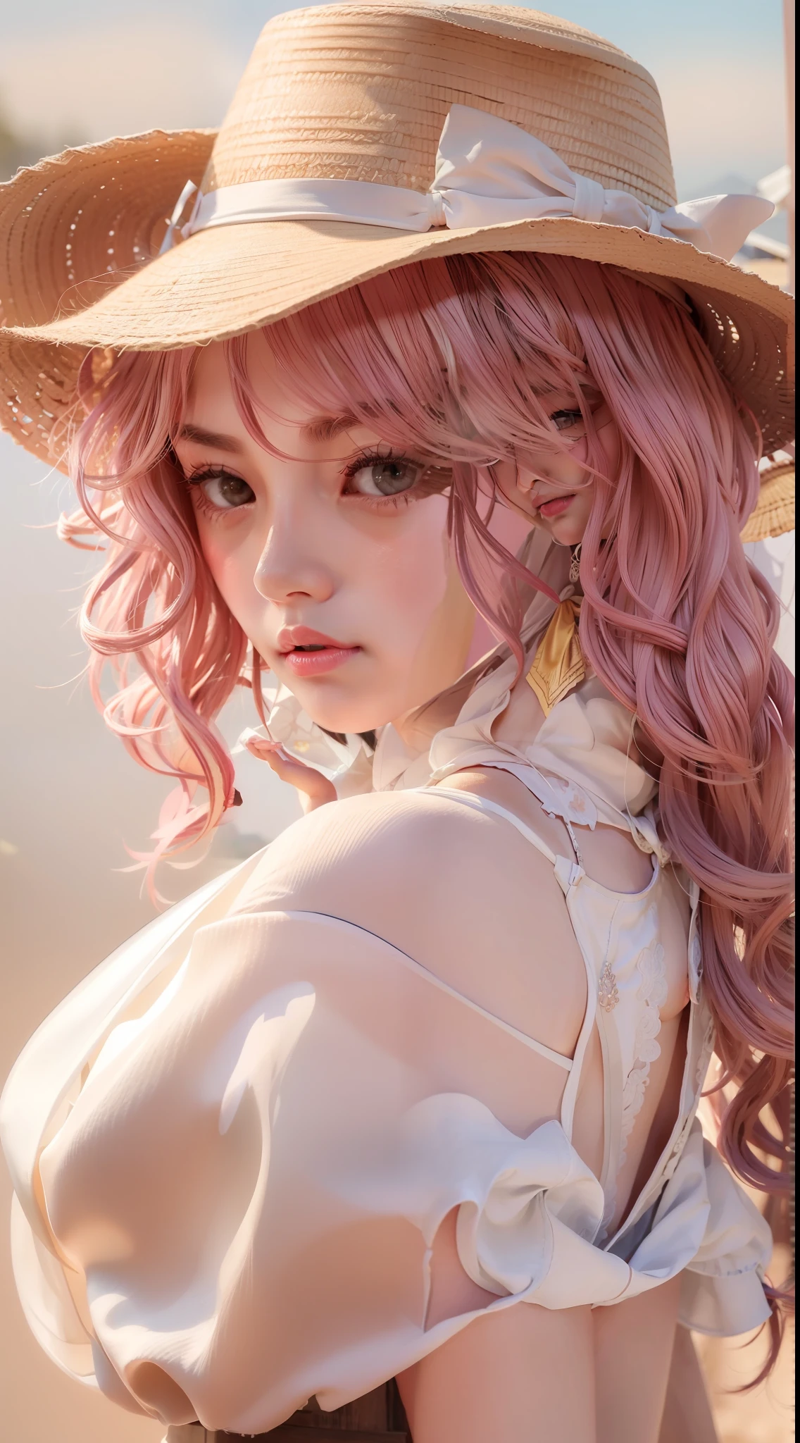 8K exquisite photos，20岁女孩，Molded characteristic sense standing posture，Straw Hat Hat，Silk scarf，Bust photo，Eye details，Pink wavy hair detail