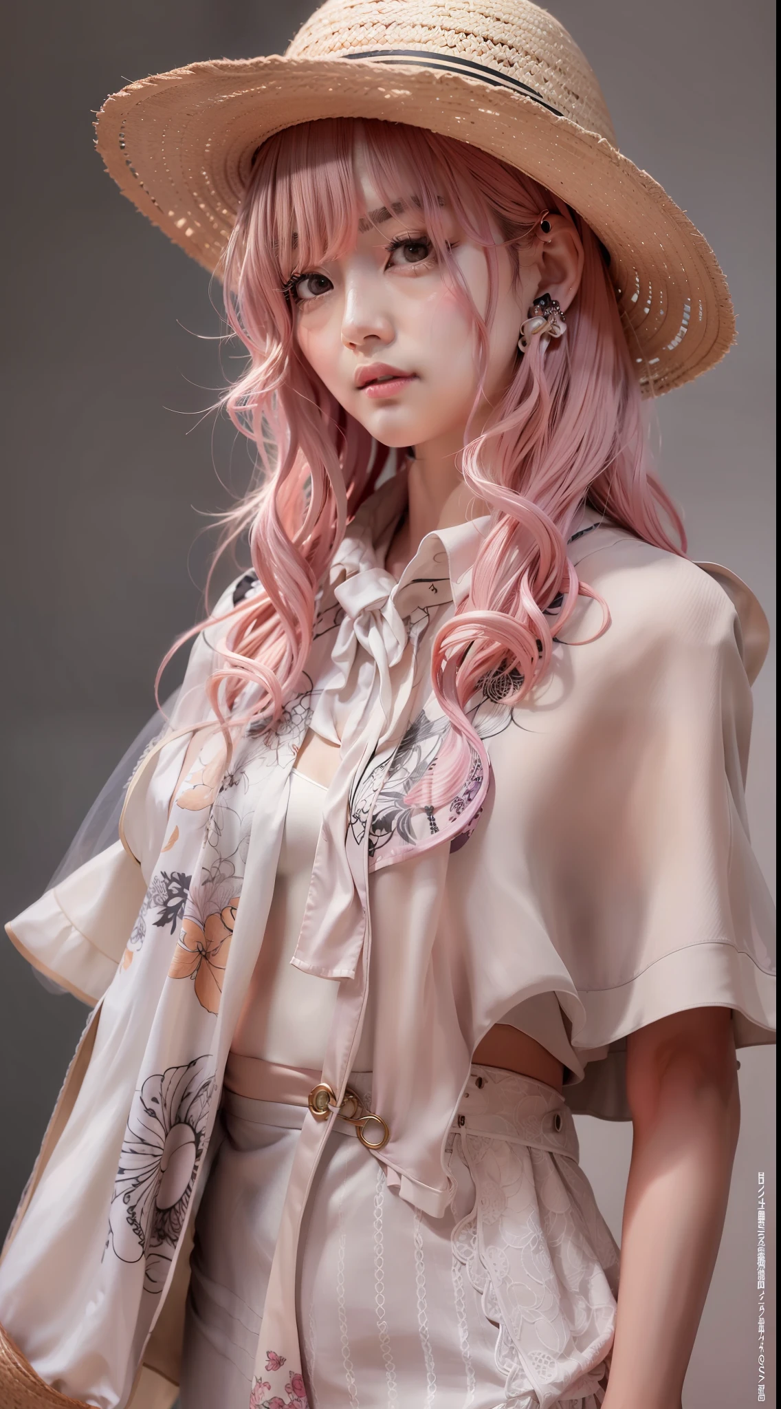 8K exquisite photos，20岁女孩，Molded characteristic sense standing posture，Straw Hat Hat，Silk scarf，Bust photo，Eye details，Pink wavy hair detail