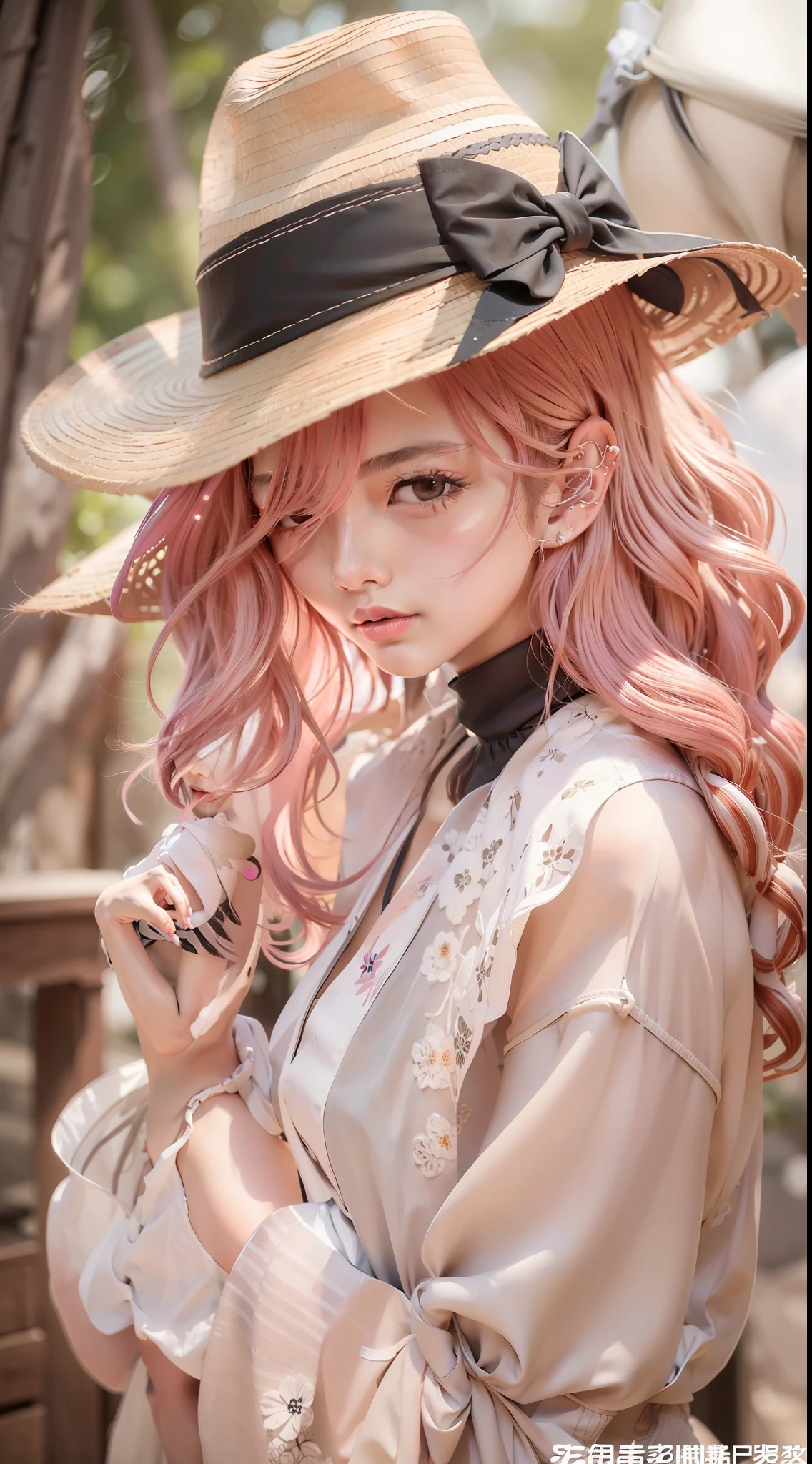 8K exquisite photos，20岁女孩，Molded characteristic sense standing posture，Straw Hat Hat，Silk scarf，Bust photo，Eye details，Pink wavy hair detail