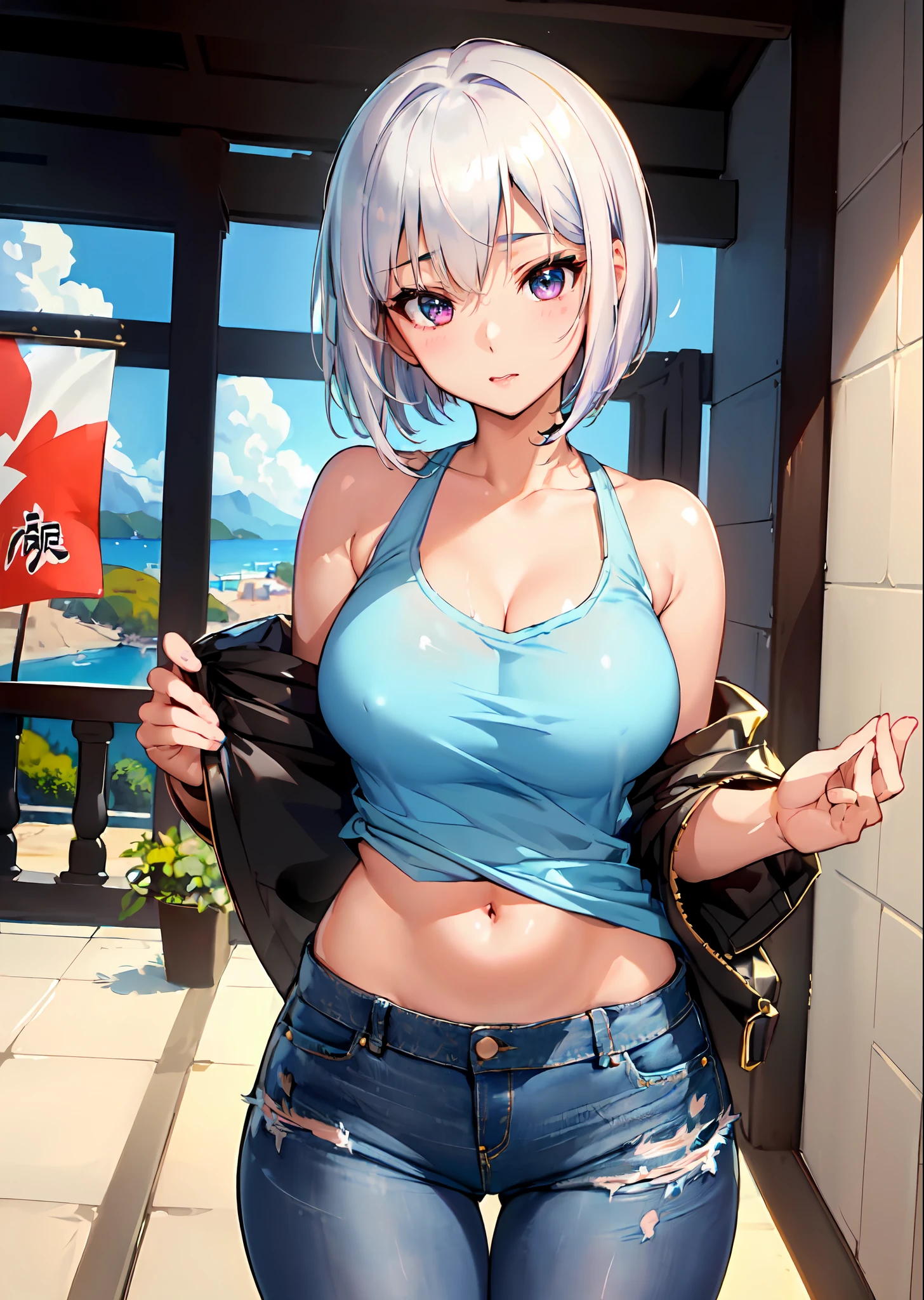 Solo、((top-quality、8K、masterpiece:1.3))、Provocative facial expressions、foco nítido:1.2、Beautiful woman with perfect body shape:1.4、Beautiful face、beautiful countenance、White hair、Pixie Bob、A slender 、The navel is visible、abdominals:1.2、A sexy、High-leg denim shorts:1.5、Tank Tops:1.5、Highly detailed facial and skin texture、A detailed eye、二重まぶた、Black pantyhose:1.3