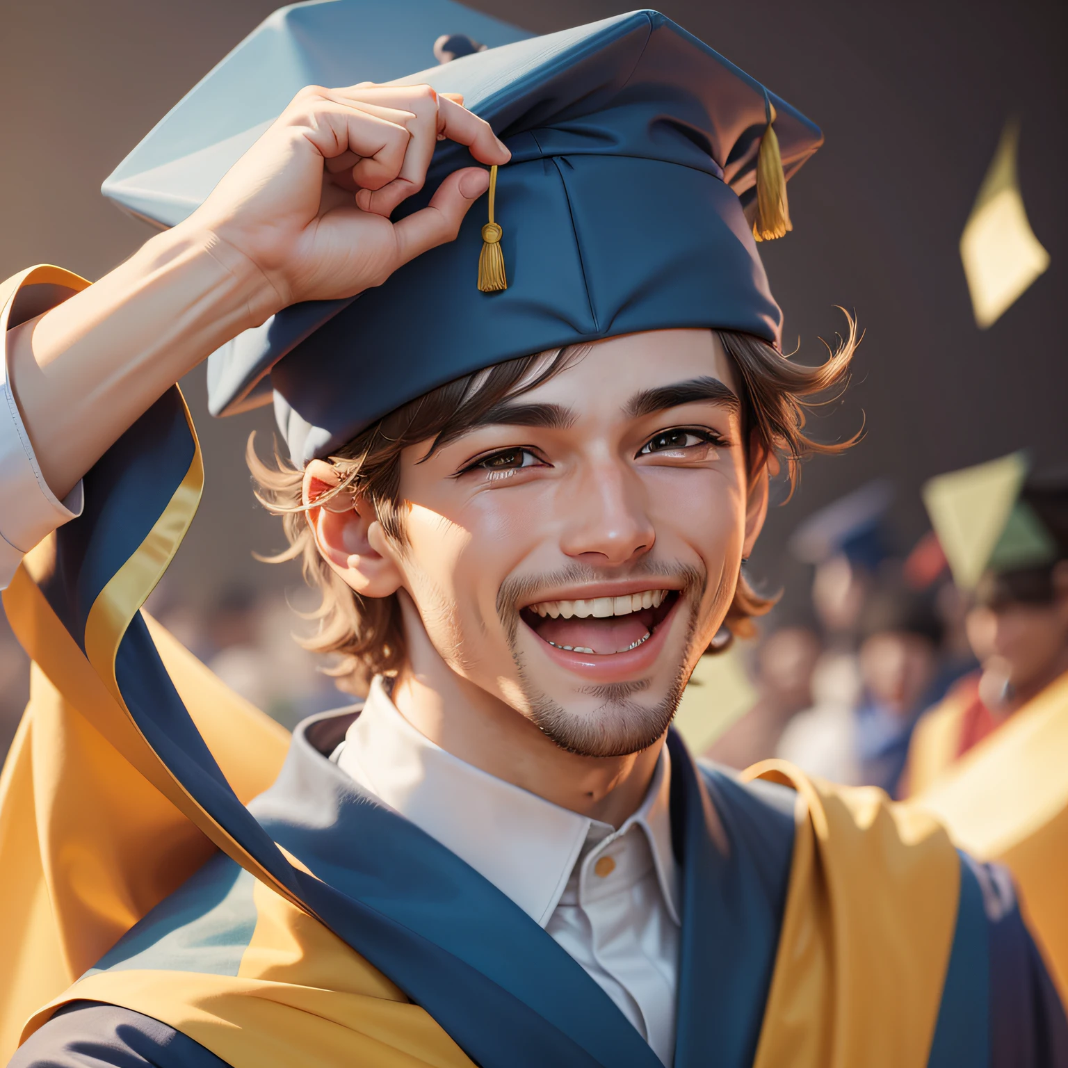 portrait of a man, looking at the camera, laughing and celebrating dressed in graduation gown and cap and in cartoon style