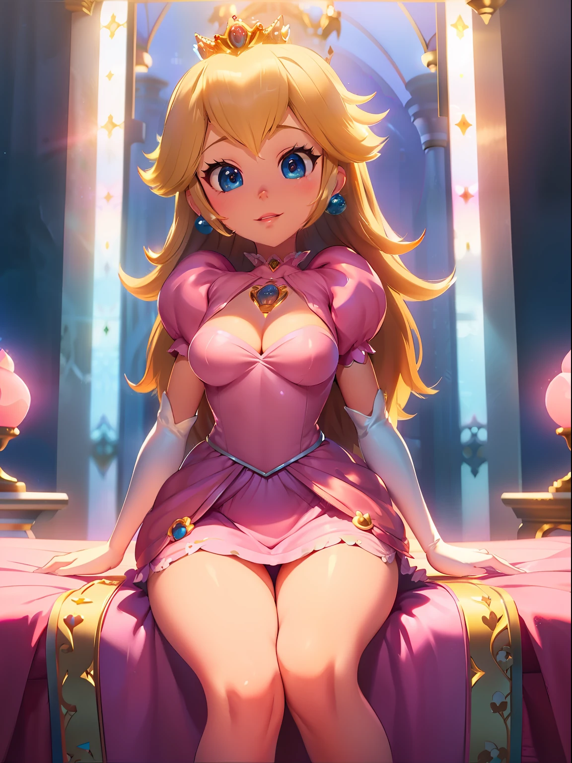 highres, masterpiece, perfect luminosity, flower, cinematic lighting, bedroom, lying open-legged, adult, perfect skin, female, ((cowboy shot)), sitting facing with legs open, smile, ((Princess dress, pink dress, lift skirt, skirtlift)), narrow waist, thin, (Princess Peach), detailed eyes, blue eyes, choker, sexy pink lips, ((shiny lips)), pumps, shiny skin, oily skin, beautiful light, (day: 1.3), shiny, hot, sexy, nsfw, medium breasts,