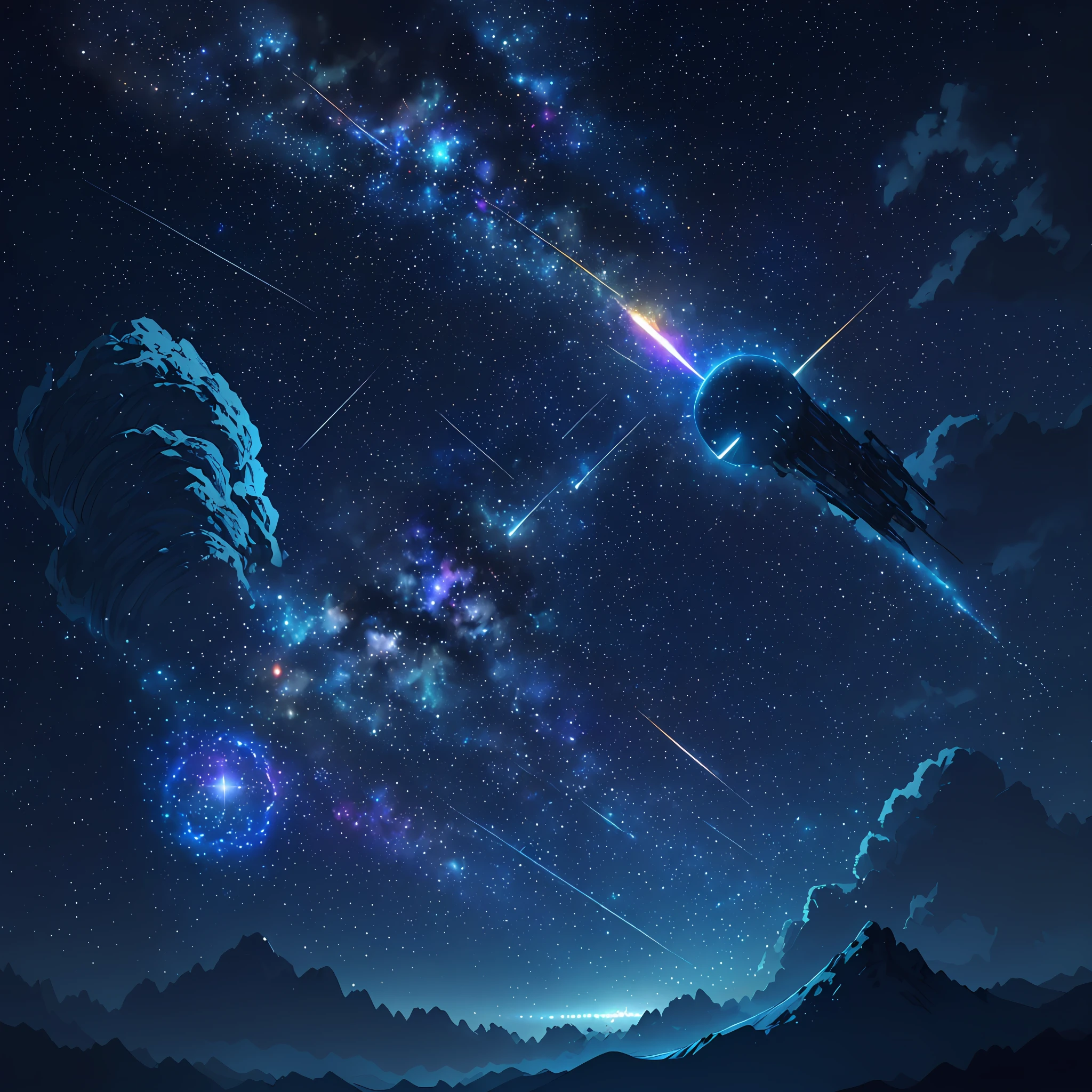 Create an evocative image of outer space with a comet and a blue tail, You can draw a bright comet with a long bluish tail, moving toward a distant star. The background may be a dark sky full of twinkling stars, com algumas nebulosas coloridas ao fundo. For the technique, You can experiment with different shading styles and light effects to give depth and brightness to the comet and stars. Some artists you can be inspired by are: @pixel_stays ou @pixel_dreams_. And for the camera, You can use a smartphone with an image editing app or a digital camera with a macro lens to capture sharp detail.