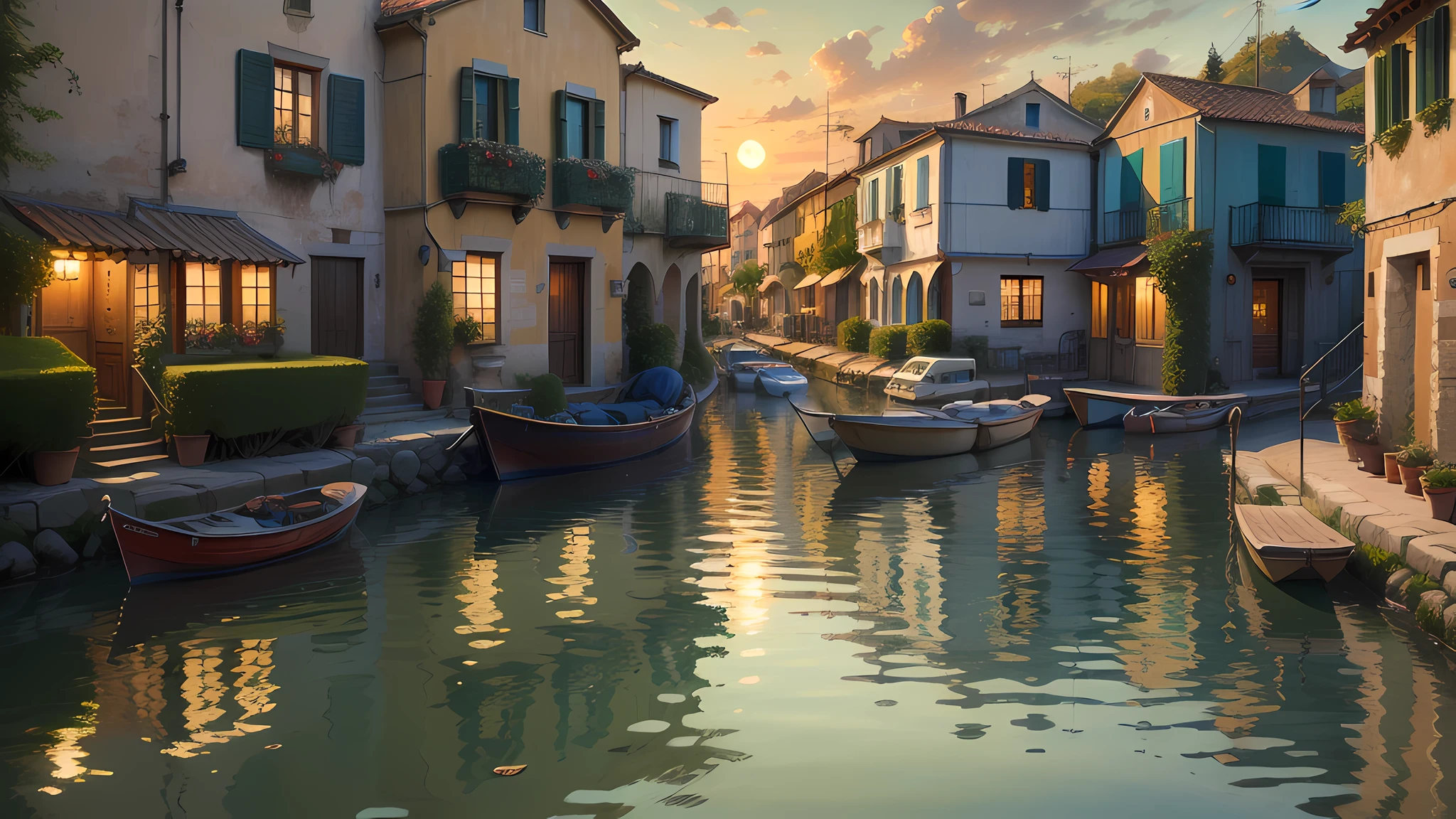 Quaint Italian seaside village，Features colorful architecture, das boot, and the reflection of the setting sun on the water, In the impressionist style of Claude Monet, With visible brushstrokes and dappled light.