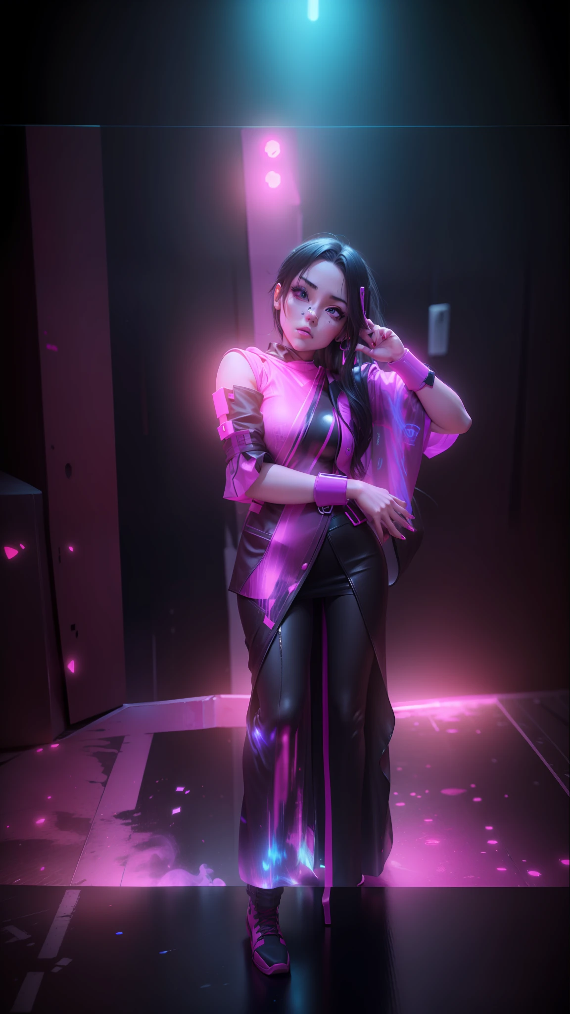 Anime character , realistic 3d female neon background