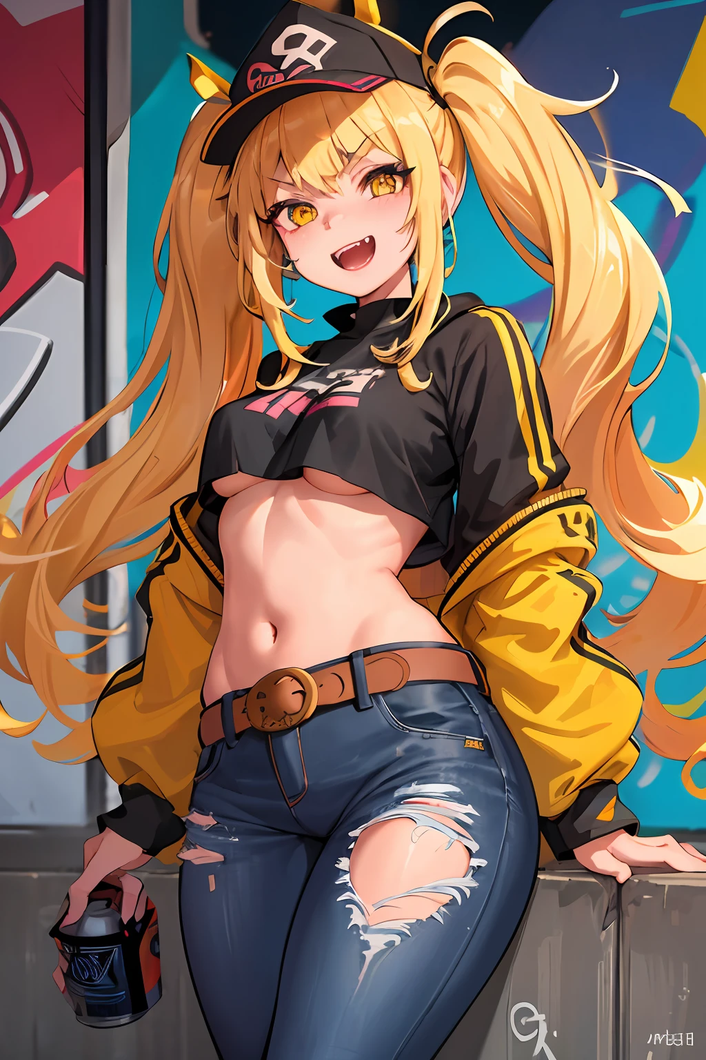 Original Character, Volumetric Lighting, Best Shadows, Shallow Depth of Field, Portrait Of Stunningly Beautiful Girl, Petite, Delicate Beautiful Attractive Face With Alluring Yellow Eyes, Messy Painted Face, Sharp Eyebrows, Broadly Smiling, Open Mouth, Fangs Out, Lovely Medium Breasts, Layered Long Twintail Blond Hair, Blush Eyeshadow, Thick Eyelashes, Applejack Hat, Oversized Pop Jacket, Mini Underboob Tee, Open Navel, Slim Waist, Denim Jeans Pants, With Buckle Belt, In The Graffiti Alley, Waste Container, Outside Stairs, Outdoor Unit, Holding Spray Paint Can, Standing, (Highest Quality, Amazing Details:1.25), (Solo:1.3), Brilliant Colorful Paintings