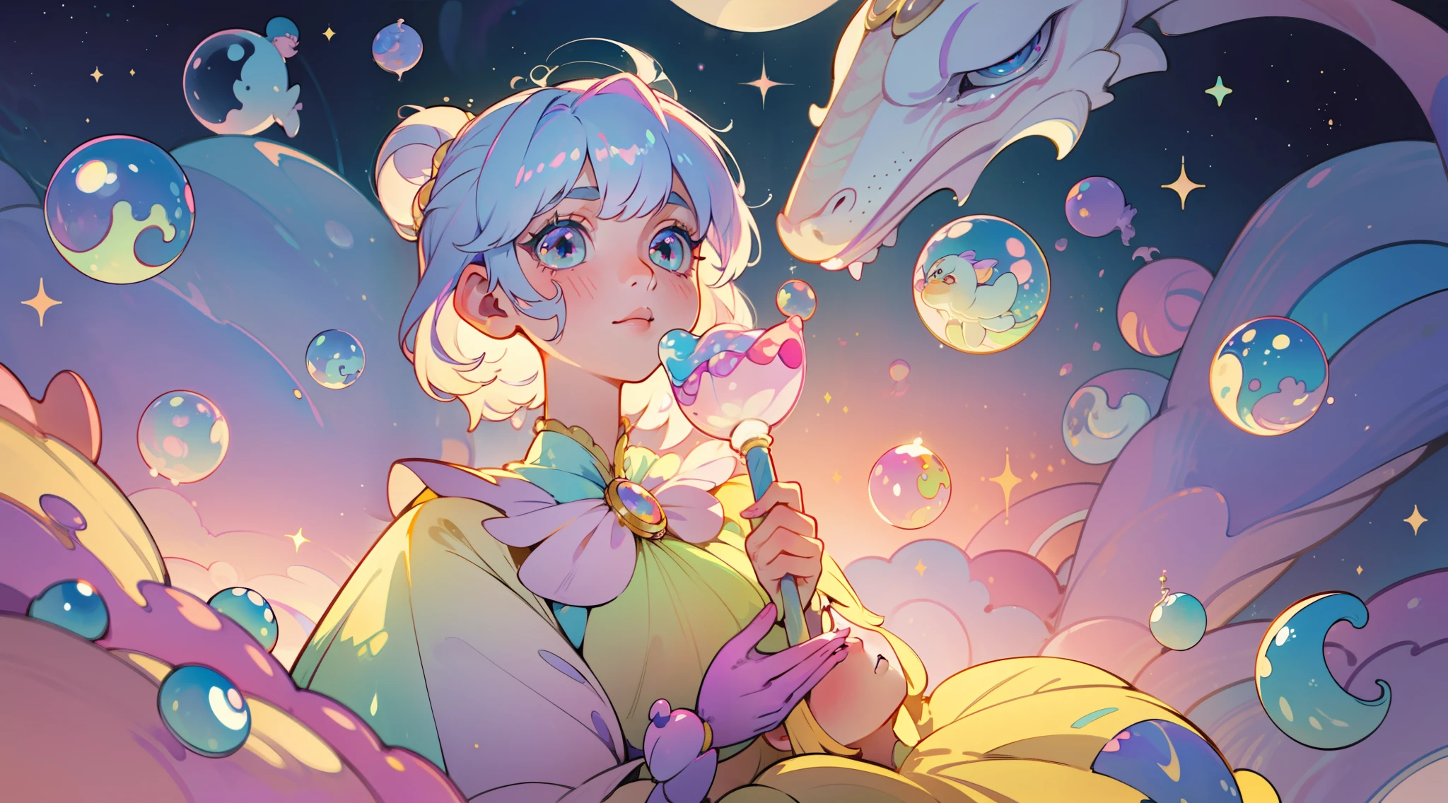masterpiece, best quality, 8k resolution, sharp focus, intricate detail, beautiful girl, sparkling eyes, golden ratio face, otherworldly liquid, watercolor, ((pastel colors)), bright colors, whimsical, colorful, sharp focus, high resolution, fine detail, princess fantasy ballgown, ((round eyes)), iridescent bubbles, castle landscape in background