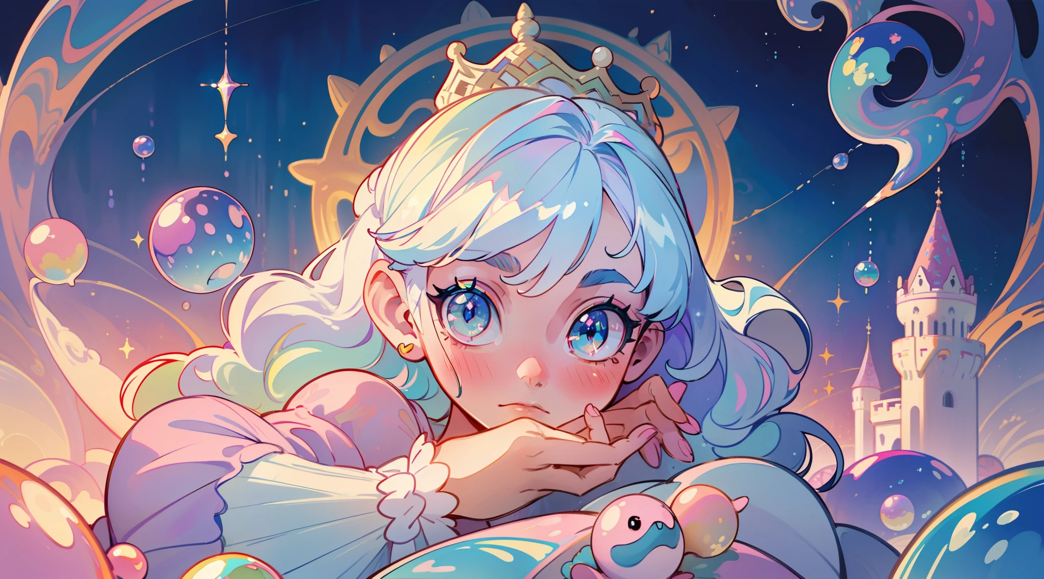 masterpiece, best quality, 8k resolution, sharp focus, intricate detail, beautiful girl, sparkling eyes, golden ratio face, otherworldly liquid, watercolor, ((pastel colors)), bright colors, whimsical, colorful, sharp focus, high resolution, fine detail, princess fantasy ballgown, ((round eyes)), iridescent bubbles, castle landscape in background