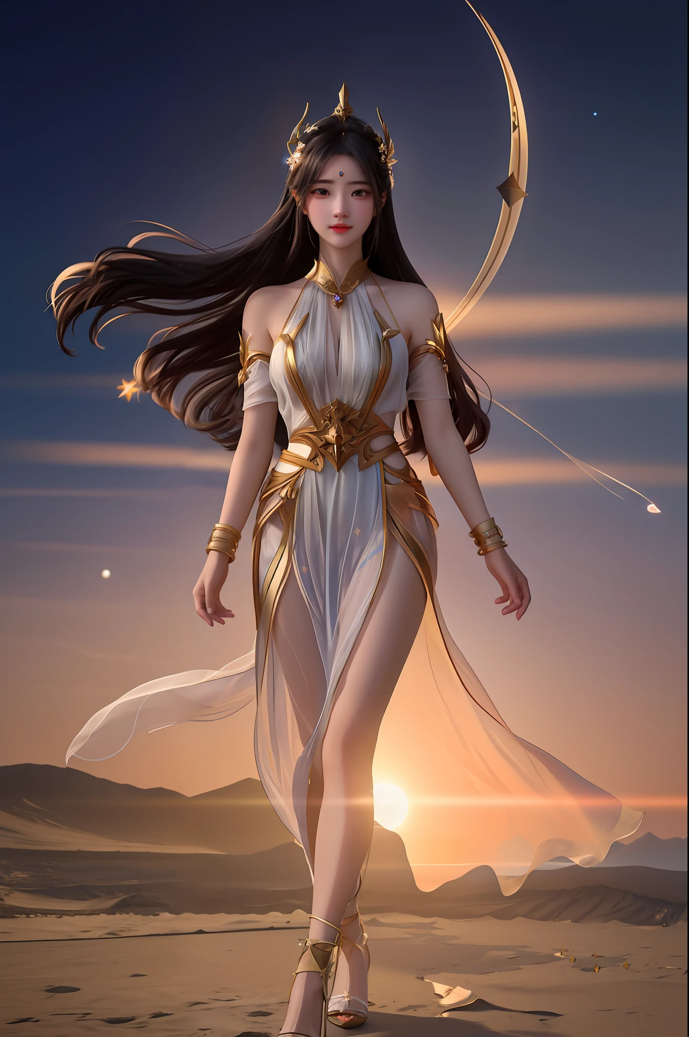 Under the deep and boundless cosmic starry sky,A goddess stood there,Her beauty and mystery are breathtaking。Her figure seemed so small in the starry night sky,But it exudes an indescribable grandeur。Her eyes sparkled like stars,Refracting the endless mysteries and beauty of the universe。
The goddess wore a tulle-like robe,the moonlight was shining on her body,Make her figure more dreamy。Her long hair flowed down her shoulders like a waterfall。。,Sway gently with the wind,Like a river of stars rippling in the night sky。
Her hands gently raised a splendid planet。,It's like holding the entire galaxy in the palm of your hand。Her gaze traveled through time and space,Explore the endless mysteries of the universe。Around her,Countless meteors pierced the night sky,Like the hem of her skirt fluttering gently。
Against this magnificent backdrop,The face of the goddess is like the brightest star,Gentle and firm。She seems to control the life and death of the entire universe,But with compassion,Caring for all beings in the world。Her presence,Make the starry sky more captivating,Make the universe more mysterious。
Goddess of the universe under the stars,It represents the endless mysteries of the universe,It also carries the endless yearning of human beings。She is like a symbol of eternity,Always standing there,Guard the sea of stars。