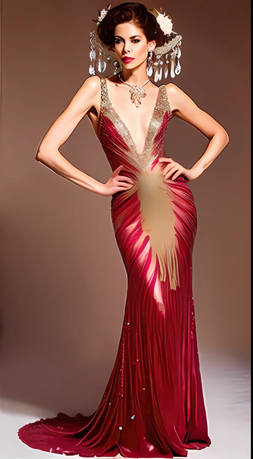 vestir, vestido de baile, vestir de concurso, pink lantejoulas, pedrarias , Pedras preciosas , decote tomara que caia, Neck jewelry running down the front of the dress with rhinestone chains hanging from the neck towards the rear neckline, Bob Mackie inspirou bordados dourados, alexander Macqueen inspiração