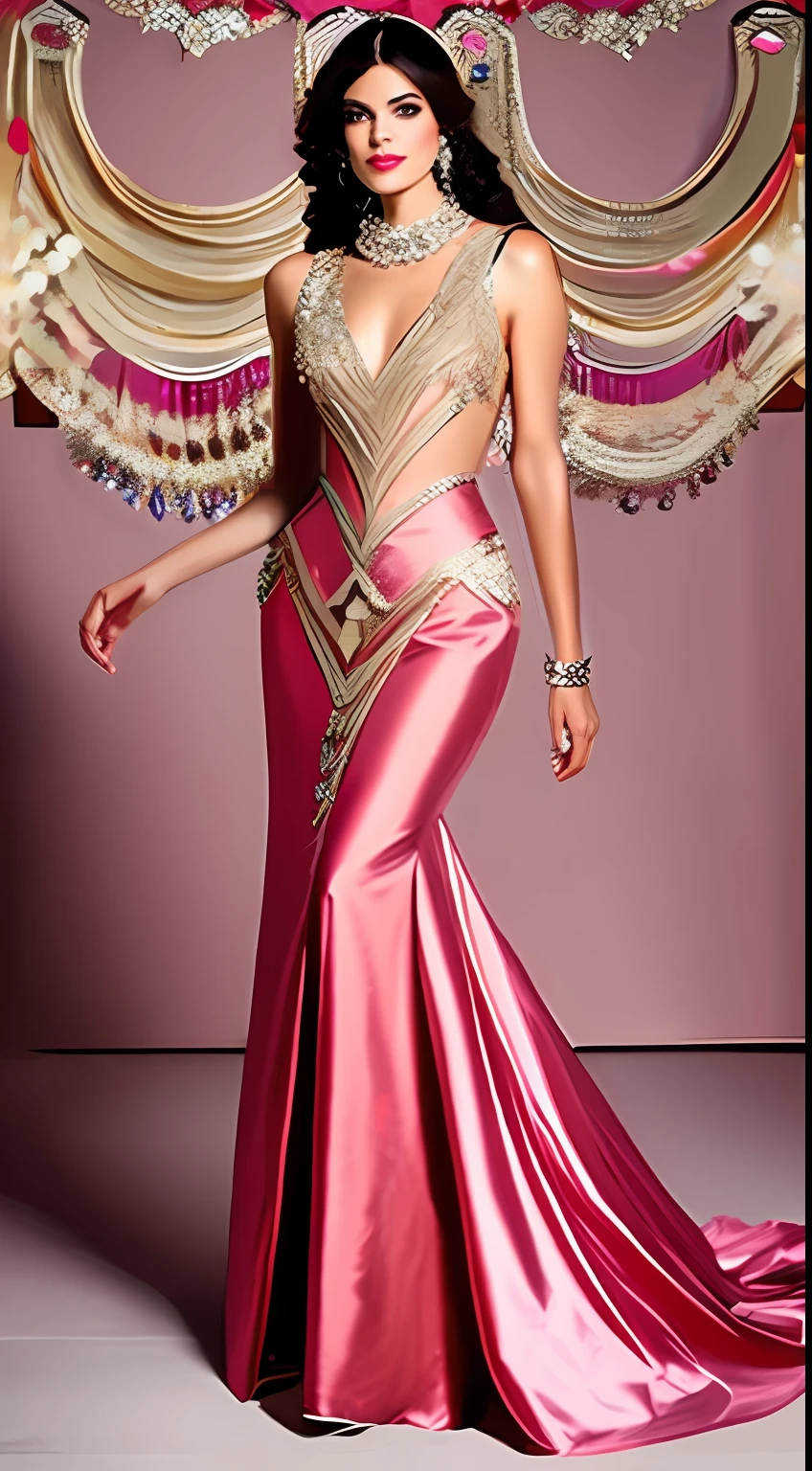 vestir, vestido de baile, vestir de concurso, pink lantejoulas, pedrarias , Pedras preciosas , decote tomara que caia, Neck jewelry running down the front of the dress with rhinestone chains hanging from the neck towards the rear neckline, Bob Mackie inspirou bordados dourados, alexander Macqueen inspiração