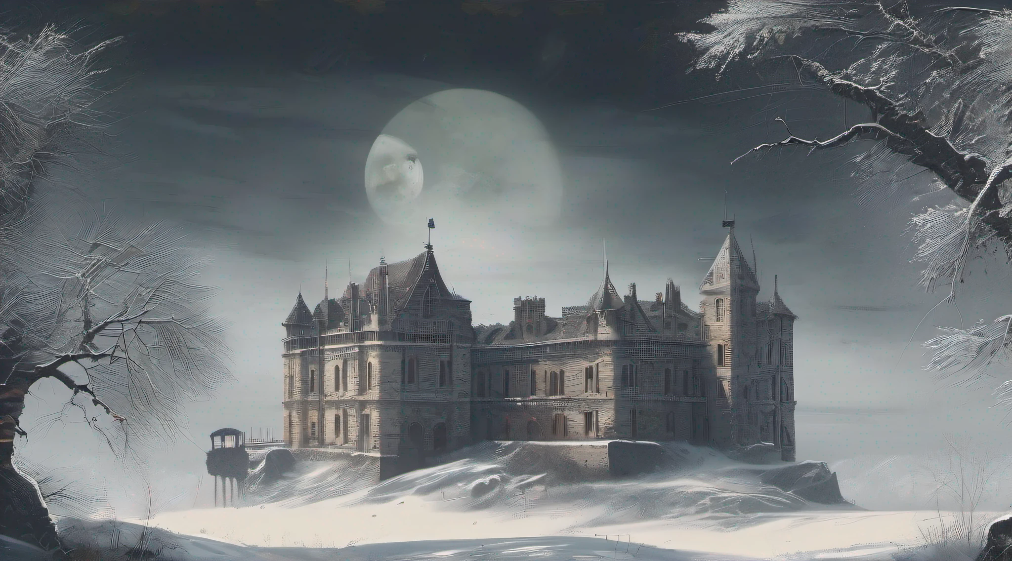 In the middle of a stormy night, Lightning, (((on top of a steep cliff))), The ruins of a c,neige,jupiter,moon,clowns,Dark and majestic castle,estuous are a haunting reminder of a bygone era.... Its ruined walls and broken windows reveal a tragic story lost in time. Nature began to recover the abandoned fortress, avec des tours couvertes de lierre et des arbres poussant dans ses murs. abandonned, desolate, orageux, tragique, ancien, used, Mysterious, highly detailed, mise au point nette, haunting, Sombre, atmospheric. Illustration par Zoltan Boros, Gabor Szikszai et Clint Cearley. Dark and atmospheric illustrations, Paysages post-apocalyptiques. digital painting highly detailed, mise au point nette, Finition mate, Dark and gloomy lighting,neige,jupiter,moon,clowns,