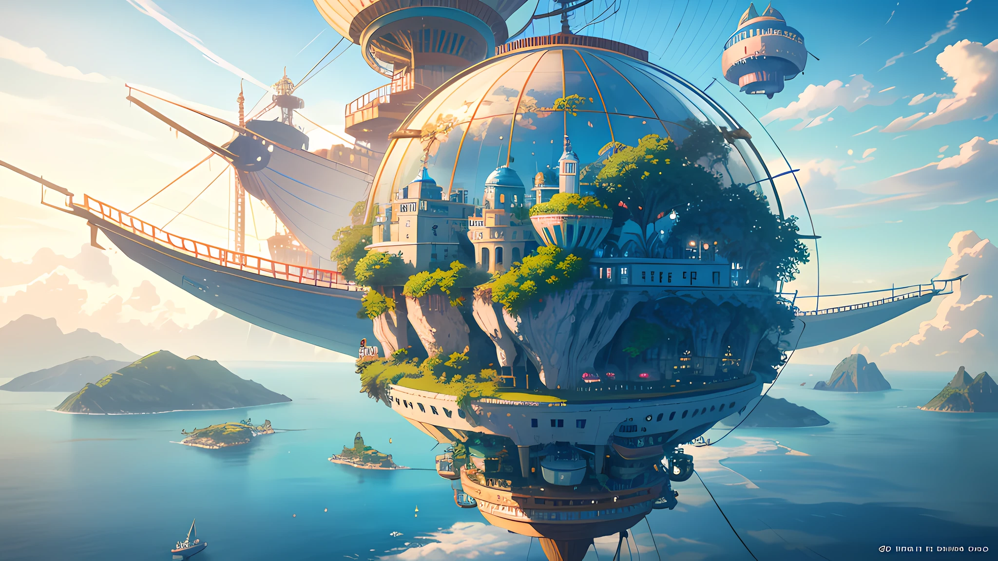 Many islands are suspended in the air with many small airships flying around, cities, fantasy, magical plants growing, extreme details, realistic light, epic composition, (complex details), (complex design, ultra-details :1.2), Art Station, (Masterpiece, Best Quality), Ultra HD, 32k --v 6