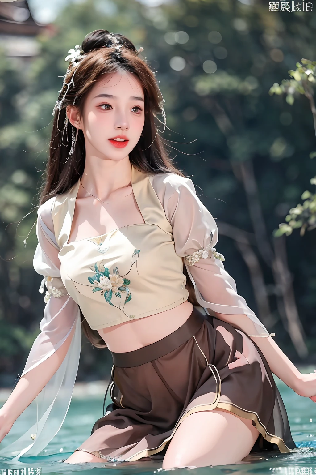 （8k，RAW images，best qualtiy，tmasterpiece：1.2）1girll，brunette color hair，The background is blurred out，blurryforeground，depth of fields，cparted lips，looking at viewert，motionblur，exteriors，realisticlying，（（Lotus skirt）），Half wading，（（ssmile）），Lotus in bloom，longer sleeves，body，tmasterpiece，Ultra photo realsisim，32k，the Extremely Detailed CG Unity 8K Wallpapers，best qualtiy，opening legs