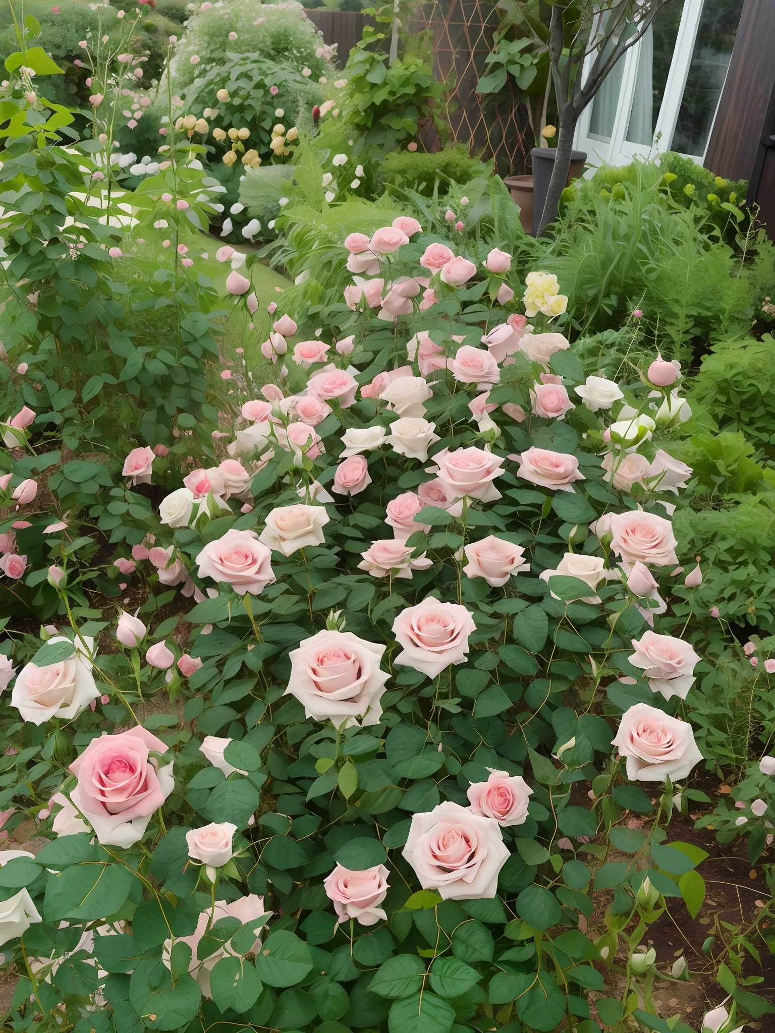 There is a clump of pink roses in the garden,green leaf, Rose garden, in a cottagecore flower garden, cottagecore flower garden, natural point rose', Incredibly beautiful, pastel roses, prima ballerina in rose garden, rosette, full bloom, sitting in the rose garden, rose-brambles, Rozen Maiden, rosa bonheurn