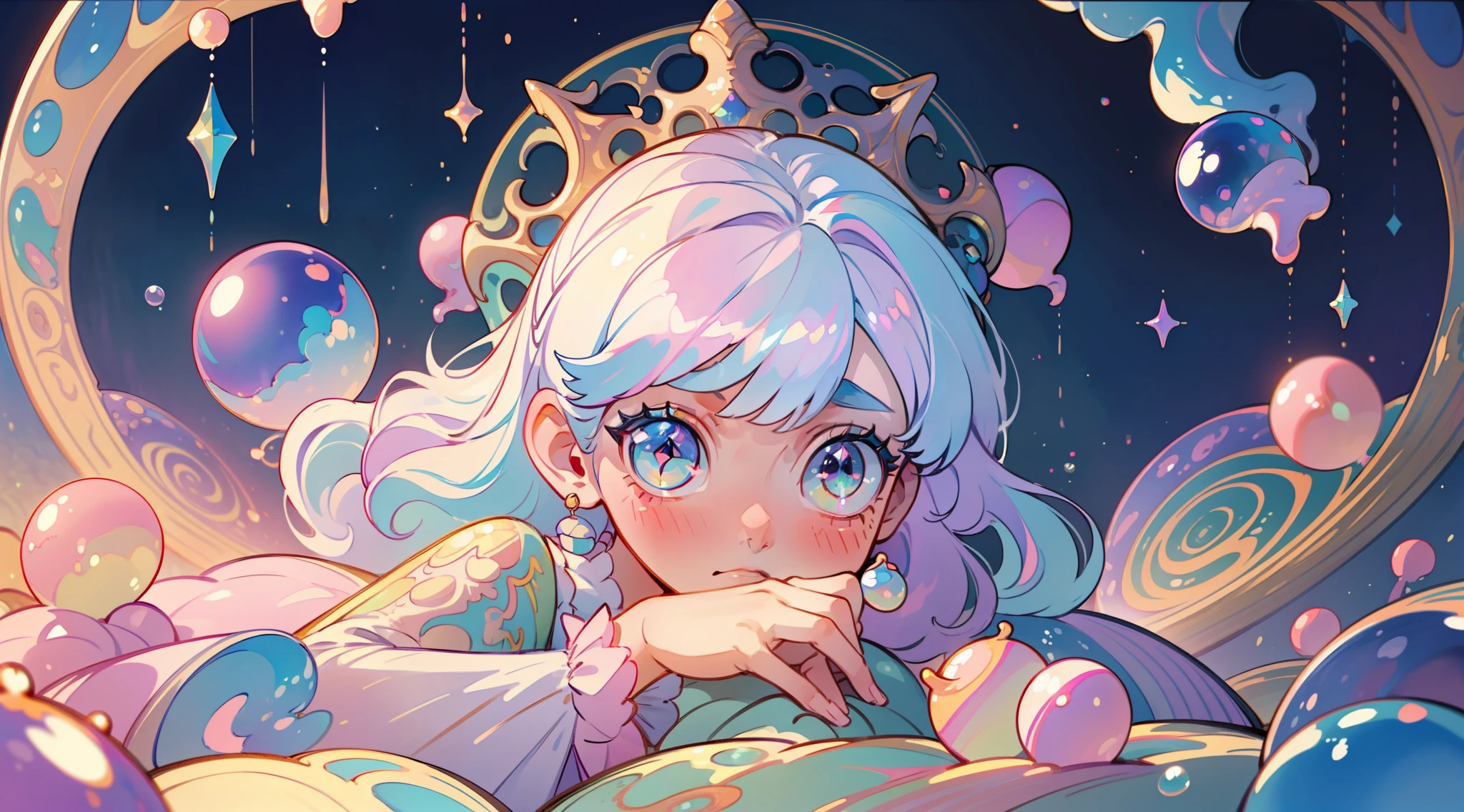 masterpiece, best quality, 8k resolution, sharp focus, intricate detail, beautiful girl, sparkling eyes, golden ratio face, otherworldly liquid, watercolor, ((pastel colors)), bright colors, whimsical, colorful, sharp focus, high resolution, fine detail, princess fantasy ballgown, ((round eyes)), iridescent bubbles, castle landscape in background