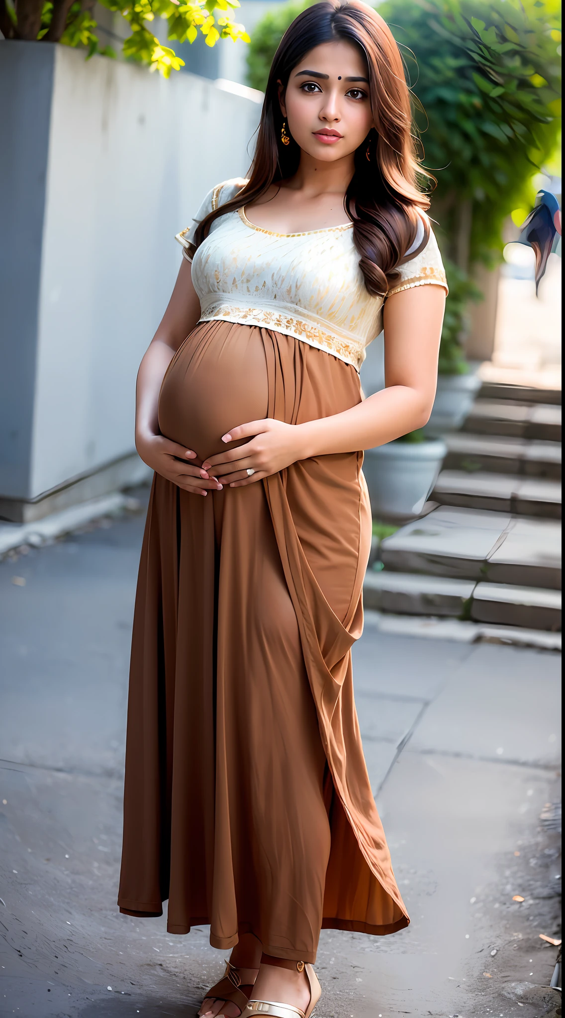 best quality, ultra high res, (photorealistic:1.4), 8k resolution, girl, (brown random hair:1.3), (realistic hair:1.2), (Indian girl:1.2), 25 year old, full body photo, (realistic eyes:1.2), (beauty face:1.3), pregnant, huge baby bump, white pale skin, fully dressed, indian modern dress, party wear, dynamic pose, beautiful face, uhd