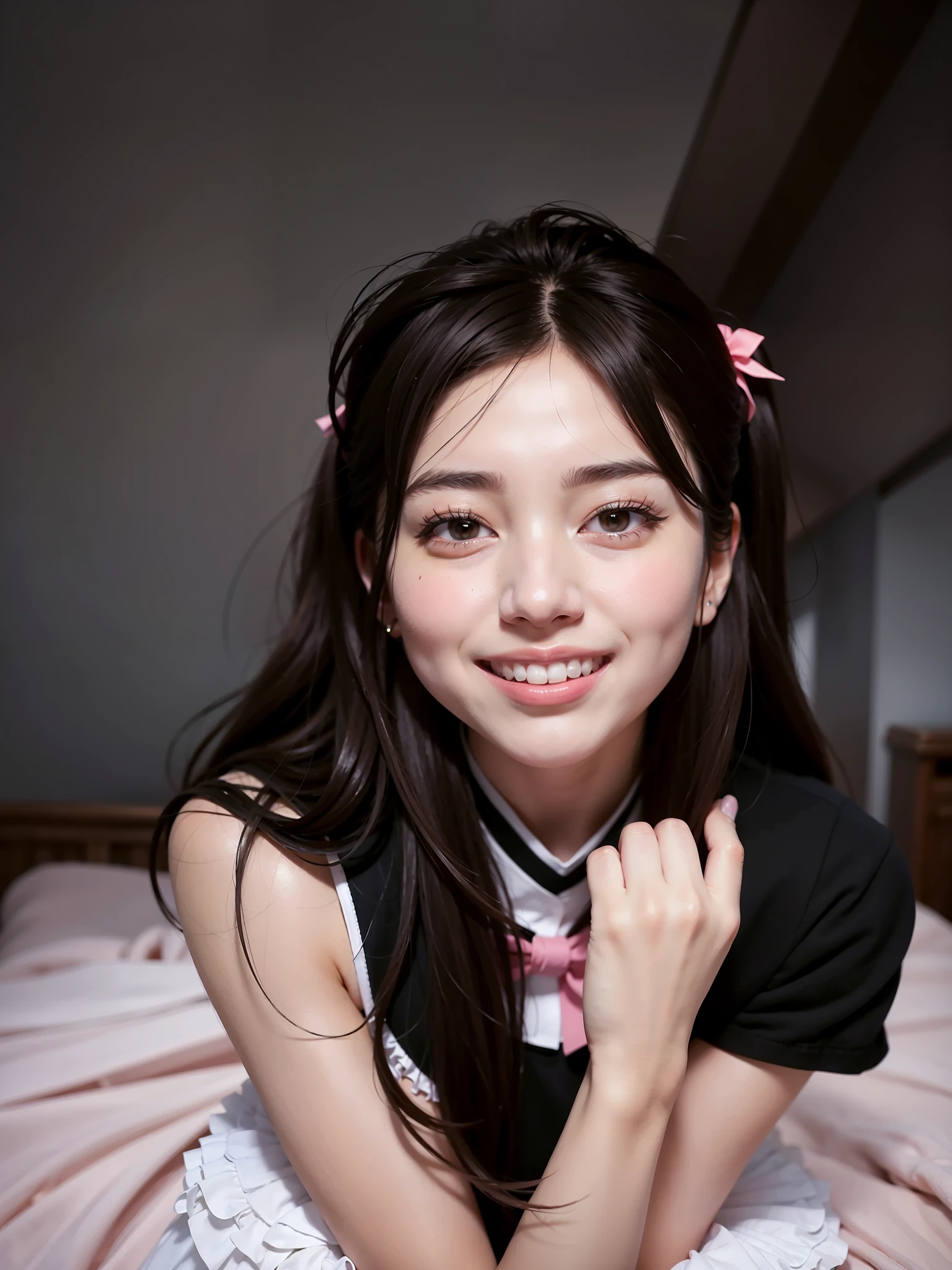 The princess raised her hands，She has a black-pink shirt and a pink gauze dress。Good photo quality，The picture has a grainy retro feel，The girl showed a bright sunny smile，Smiling eyes，High exposure，He wore a ribbon bow pinned to his right hair，