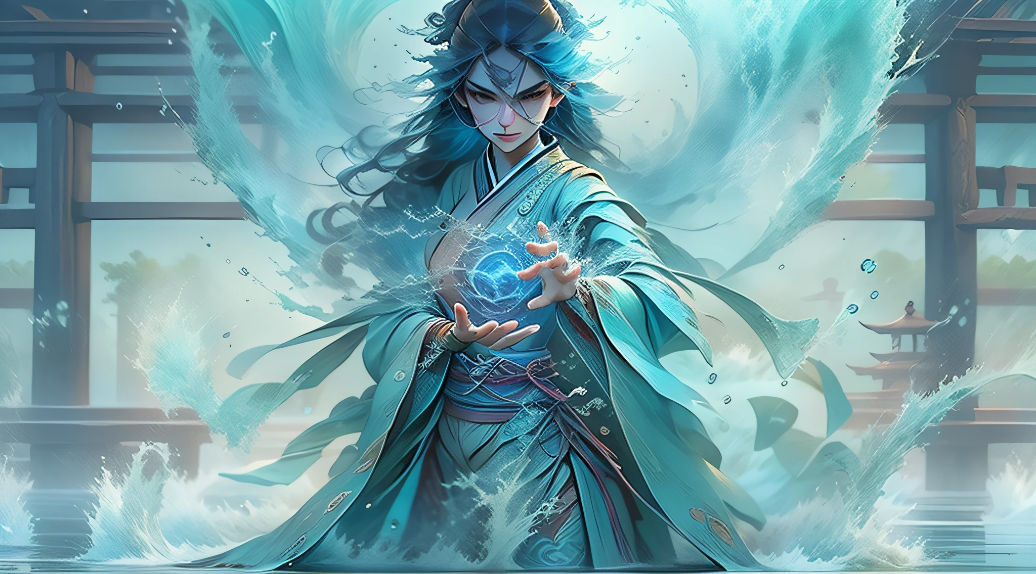 A manga character who masters and controls water, adorned in an aqua-colored flowing robe that billows with watery patterns, their eyes glowing a serene blue. They stand on the edge of a tranquil lake, surrounded by a dense mist that shimmers with droplets. The character extends their hand, forming a beautiful water sculpture in the air, showcasing their mastery over water manipulation. The lake reflects the character's image, creating a mesmerizing mirror effect. The atmosphere is peaceful and serene, with a hint of mystical wonder. The style is an illustration that blends Japanese artistry with modern digital techniques, capturing the character's elegance and the fluidity of water.
