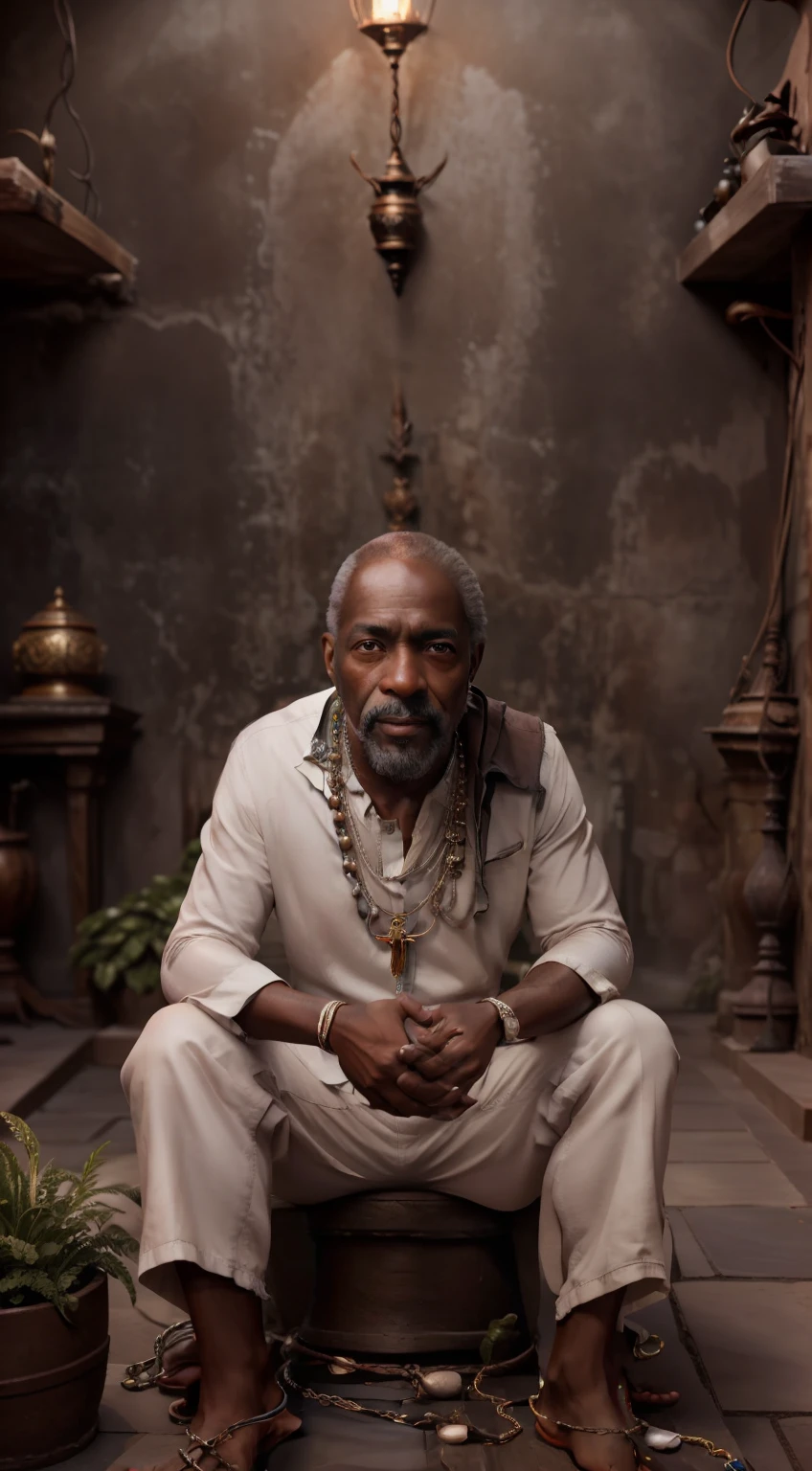Crie uma imagem hiper realista de um homem velho afrodescendente, 80 anos, olhos brilhantes, cansados e triste, pele negra, cabelos curto, crespo e grisalho, wearing an old, simple, torn white cotton outfit, with crucifix necklaces with seeds and medal around their necks, rosto com rugas, hands with five fingers. The decoration should be dark old clay wall, with candle lighting with lots of smoke in an intimate and religious atmosphere.
Use a Sony A7 III camera with an 85mm lens at an aperture setting of F 1.2 to blur the background. Detailed hand with five perfect detailed humanized fingers. Richness in the features of the face, mouth and eyes. create an ultra-realistic image that captures natural beauty and personality, dramatic lighting, 3D, VFX, 9:16 cinematic lighting, phonk style, ultravector style, hyper realistic, cinematic, ultra high definition, hdr, cinematic, realistic, precision detailed (photo frame) waist), center image, style, bioluminescent, life size 8, 8k resolution