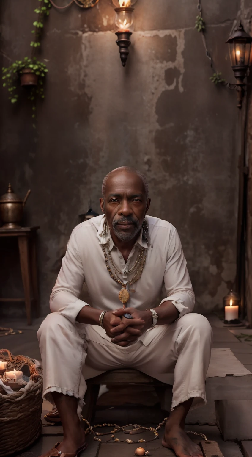 Crie uma imagem hiper realista de um homem velho  afrodescendente, 80 anos, olhos brilhantes, cansados e triste, pele negra, cabelos curto, crespo e grisalho, wearing an old, simple, torn white cotton outfit, with crucifix necklaces with seeds and medal around their necks, rosto com rugas, hands with five fingers.  The decoration should be dark old clay wall, with candle lighting with lots of smoke in an intimate and religious atmosphere. 
Use a Sony A7 III camera with an 85mm lens at an aperture setting of F 1.2 to blur the background. Detailed hand with five perfect detailed humanized fingers. Richness in the features of the face, mouth and eyes. create an ultra-realistic image that captures natural beauty and personality, dramatic lighting, 3D, VFX, 9:16 cinematic lighting, phonk style, ultravector style, hyper realistic, cinematic, ultra high definition, hdr, cinematic, realistic, precision detailed (photo frame) waist), center image, style, bioluminescent, life size 8, 8k resolution