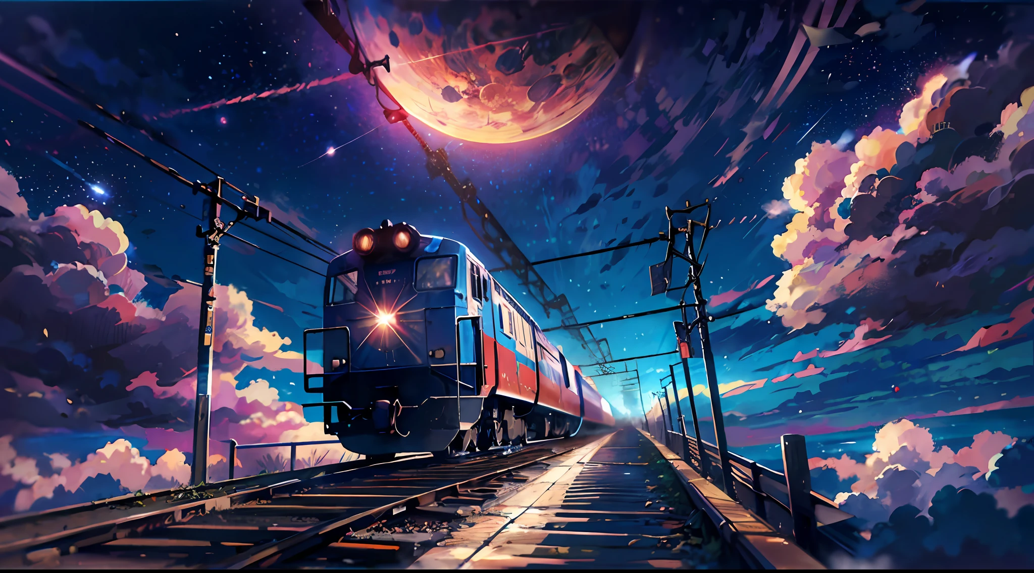 Anime train crossing tracks in sky background,Beautiful and harmonious scene,Exquisite animations,detail-rich,high qulity,Clarity 4K,Artistic 4k wallpaper,Beautiful anime scenery,8K art wallpaper,octans,Skysky,As estrelas(Skysky),scenecy,starrysky,the night,nigh sky,exteriors,buliding,clouds,galactic
