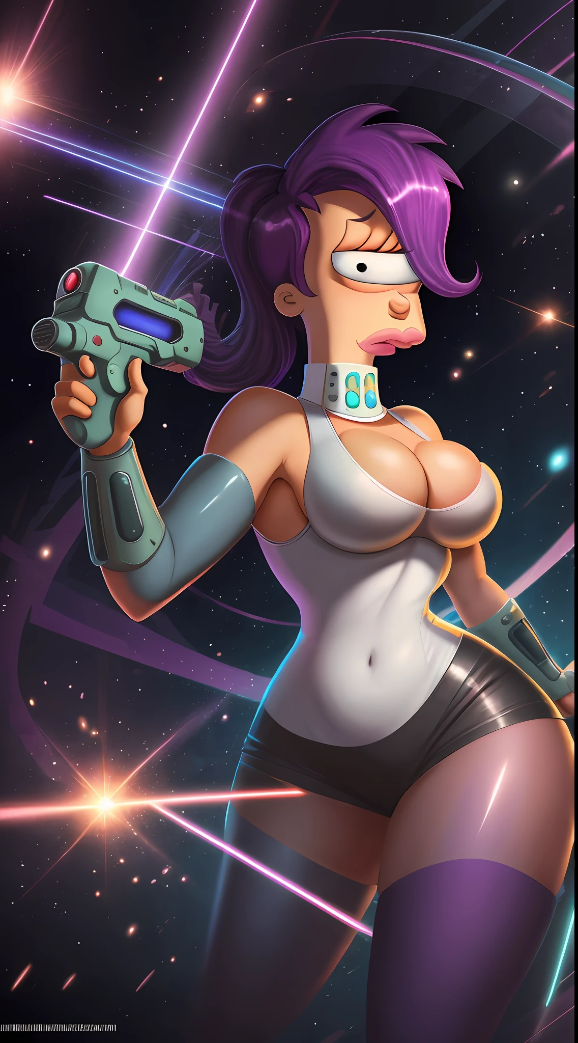 "Turanga Leela from Futurama, a Busty, fierce and confident cyclops with purple hair, futuristic outfit, and a laser pistol."