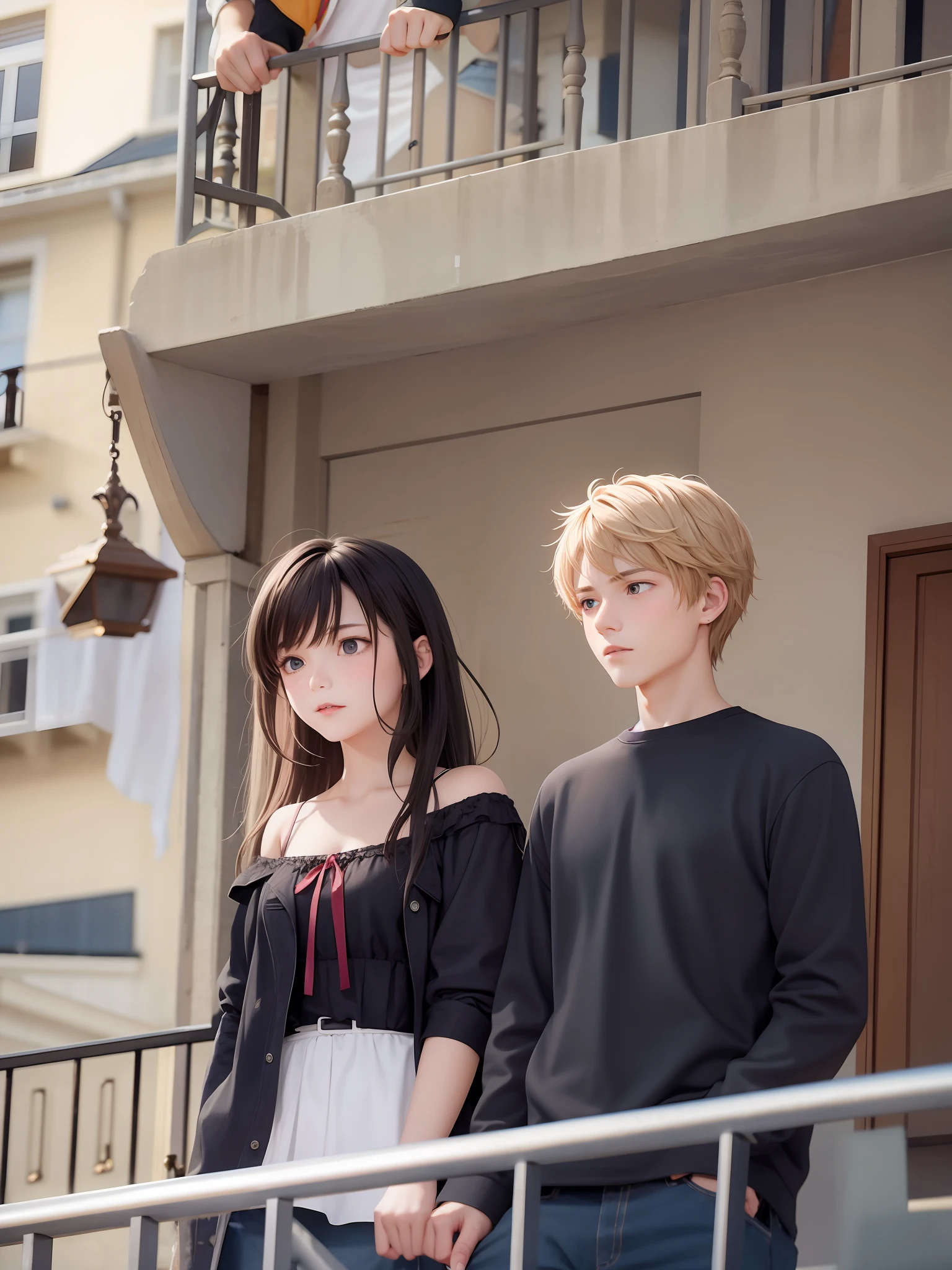"A  boy and a beautiful girl lock eyes from opposing balconies, their connection filled with intense longing and anticipation."