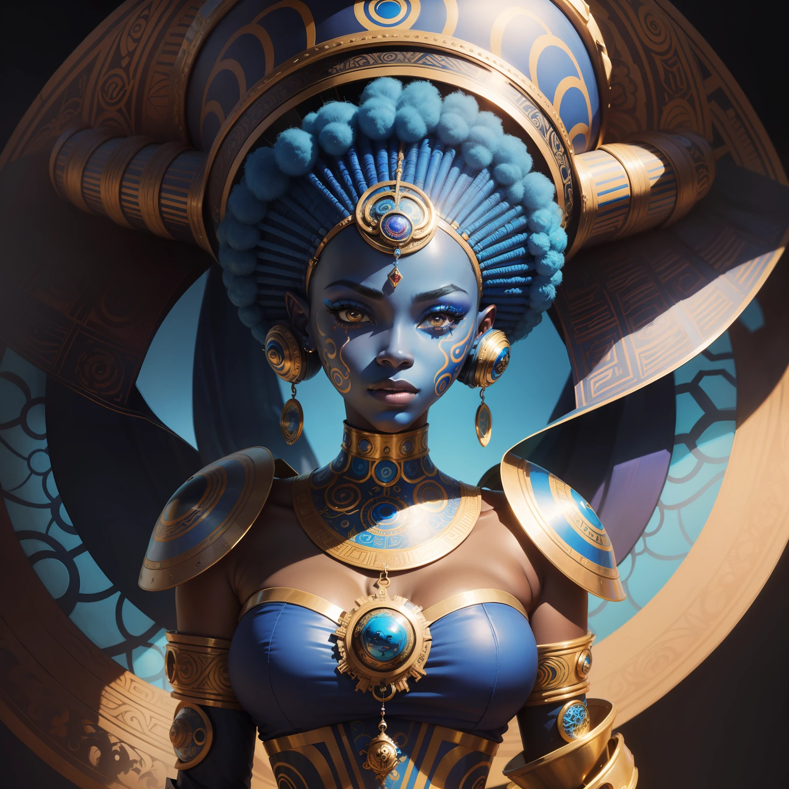 a painting of a woman with a blue face and a colorful head, afrofuturism, afrofuturism style, afrofuturist, elaborate digital art, black art, afro futurism, intricate face, intricate beautiful faces, african arts, afrocentric mysticism, beautiful intricate face, afro - futurist style, stunning artwork, gorgeous art, abstract portrait, intricate detailed face, intricate oil painting artwork