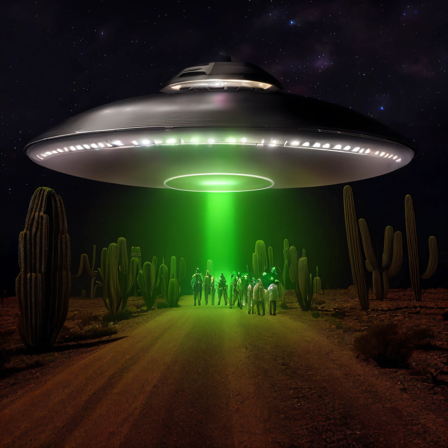 disco voador super detalhado, nave espacial sobrevoando um deserto com pessoas ao fundo, alien abduction, Rapto de OVNIs, aliens invading earth, ufo aliens, populated with aliens and people, ufo attack, Pouso de OVNIs, ufologia, Alien invasion, Dogfighting um OVNI com lasers, of a UFO propulsion system, extraterrestre, ufo lighting, alien spaceship, depicted as a scifi scene,Dark_Fantasy,Cyberpunk, mechanical marvel,robotic presence,  (steel metal,  foco claro ,  Uplighting , cores vibrantes, obra-prima, 8k