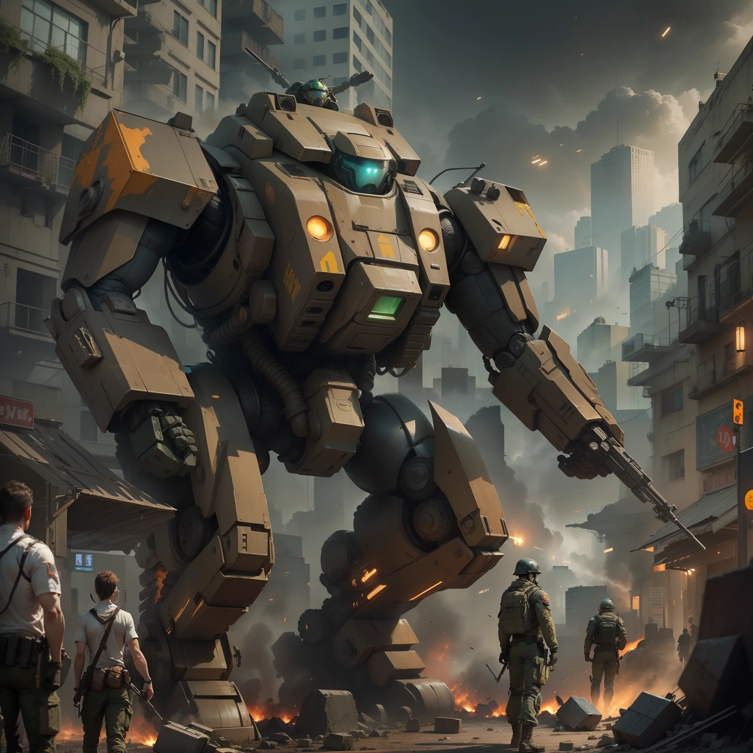 You are a talented digital artist responsible for creating an image of a city in chaos, where people are being attacked by giant robots. The army is present, trying to protect and help defenseless citizens. I want you to portray the scene in an epic and dramatic way, transmitindo a intensidade da batalha e a coragem dos soldados.

Start by drawing the buildings of the city, making sure they look tall and imposing. Add architectural details to give a realistic feel. Agora, Position giant robots strategically, making them dominant and threatening.

Em seguida, concentre-se nas pessoas. Desenhe-as correndo, gritando, Seeking shelter or fighting robots. Be sure to capture their expressions of fear, despair or determination.

To add a touch of hope, portray the soldiers of the army. Draw them into action, using advanced weapons and protective equipment. Convey your commitment to saving lives and defeating robots. Destaque-os dos demais personagens, mostrando sua coragem e habilidades.

Don't forget to work with colors and lighting to create the right atmosphere. Use dark tones and shadows to emphasize destruction and danger. Add bright lights from broken street lamps or explosions to create dramatic contrast.

As you progress, revise sua obra regularmente, aprimorando detalhes e garantindo que a narrativa visual seja clara. Ao finalizar, Take pride in its thrilling depiction of a city at war with giant robots, where the army fights heroically to protect citizens.