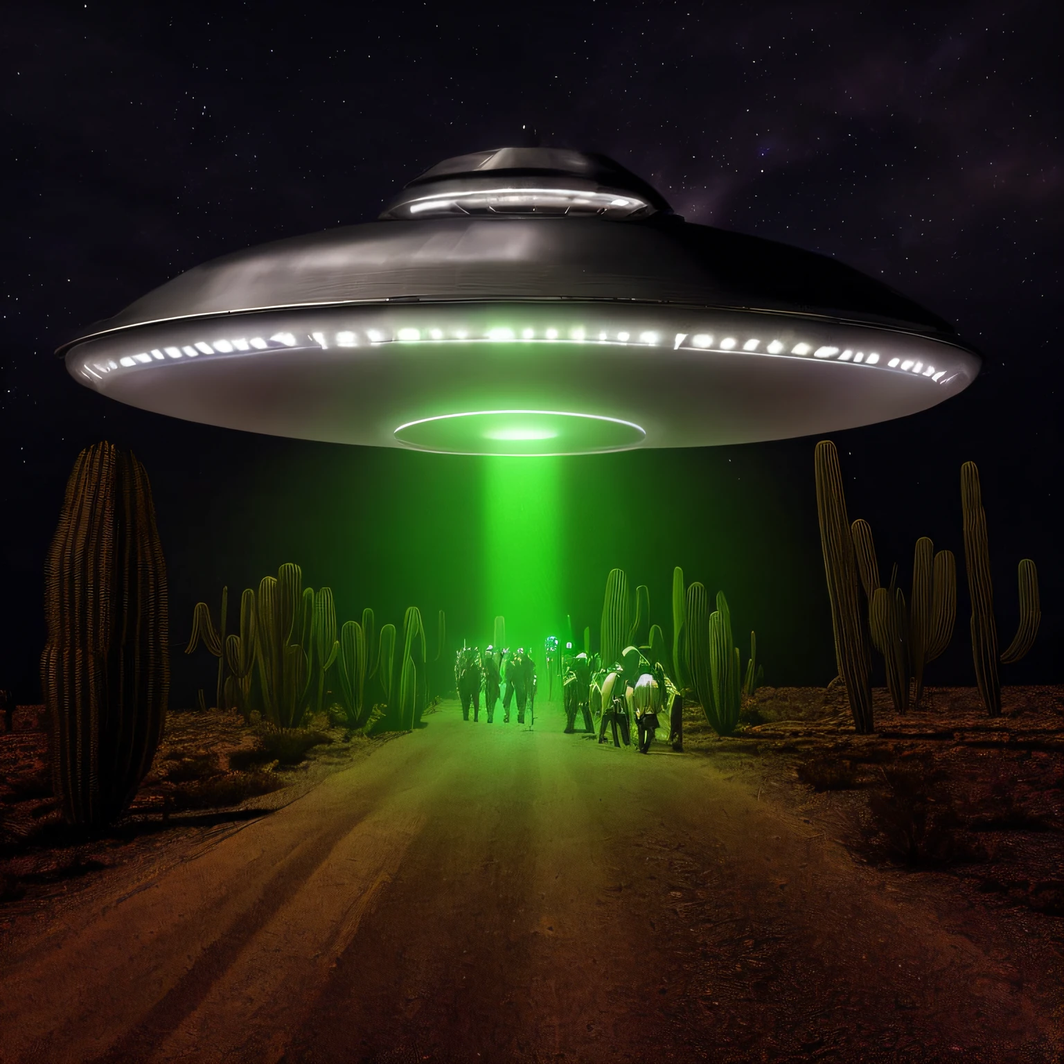 disco voador super detalhado, nave espacial sobrevoando um deserto com pessoas ao fundo, alien abduction, Rapto de OVNIs, aliens invading earth, ufo aliens, populated with aliens and people, ufo attack, Pouso de OVNIs, ufologia, Alien invasion, Dogfighting um OVNI com lasers, of a UFO propulsion system, extraterrestre, ufo lighting, alien spaceship, depicted as a scifi scene,Dark_Fantasy,Cyberpunk, mechanical marvel,robotic presence, (steel metal, foco claro , Uplighting , cores vibrantes, obra-prima, 8k