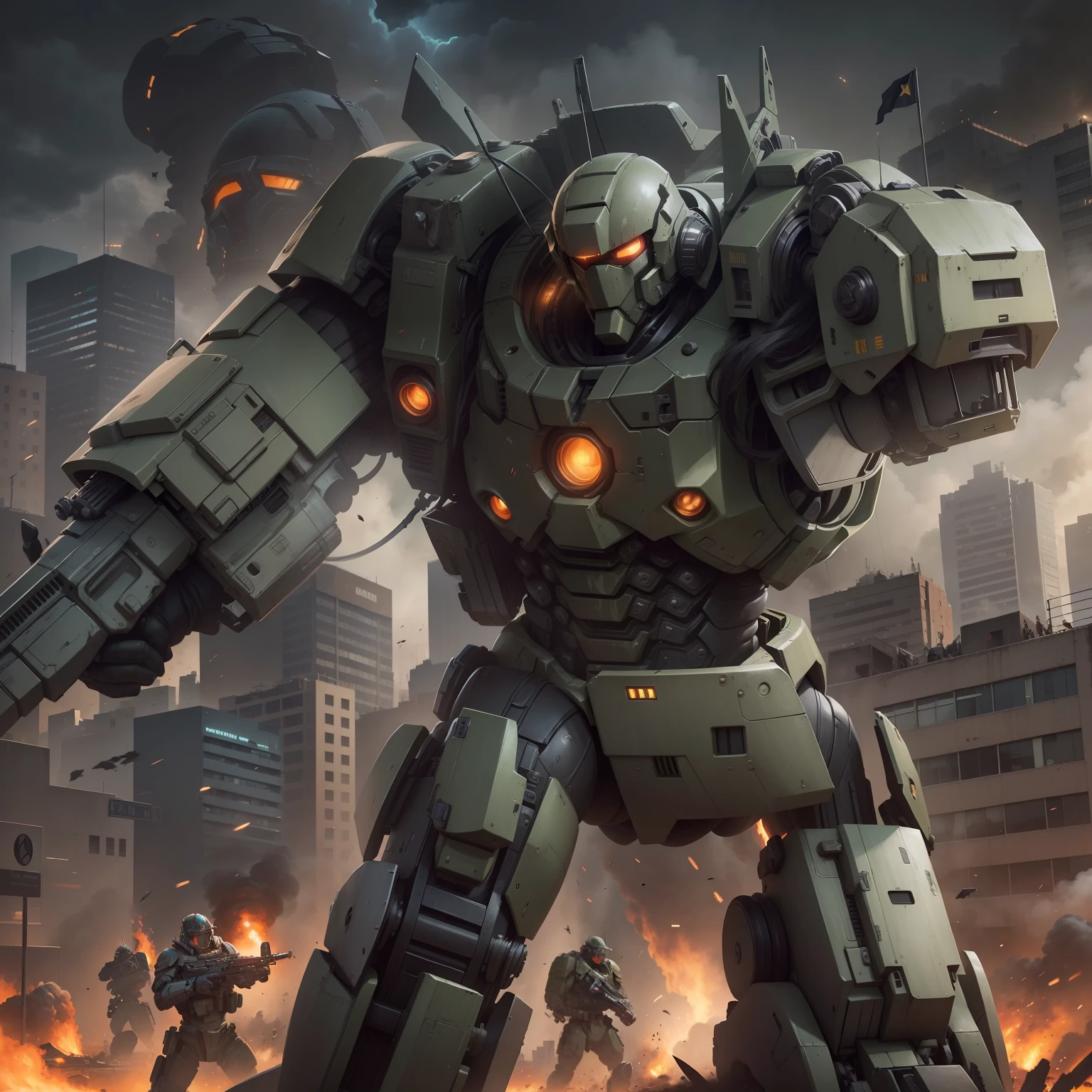 You are a talented digital artist responsible for creating an image of a city in chaos, where people are being attacked by giant robots. The army is present, trying to protect and help defenseless citizens. I want you to portray the scene in an epic and dramatic way, transmitindo a intensidade da batalha e a coragem dos soldados.
Start by drawing the buildings of the city, making sure they look tall and imposing. Add architectural details to give a realistic feel. Agora, Position giant robots strategically, making them dominant and threatening.
Em seguida, concentre-se nas pessoas. Desenhe-as correndo, gritando, Seeking shelter or fighting robots. Be sure to capture their expressions of fear, despair or determination.
To add a touch of hope, portray the soldiers of the army. Draw them into action, using advanced weapons and protective equipment. Convey your commitment to saving lives and defeating robots. Destaque-os dos demais personagens, mostrando sua coragem e habilidades.
Don't forget to work with colors and lighting to create the right atmosphere. Use dark tones and shadows to emphasize destruction and danger. Add bright lights from broken street lamps or explosions to create dramatic contrast.
As you progress, revise sua obra regularmente, aprimorando detalhes e garantindo que a narrativa visual seja clara. Ao finalizar, Take pride in its thrilling depiction of a city at war with giant robots, where the army fights heroically to protect citizens.