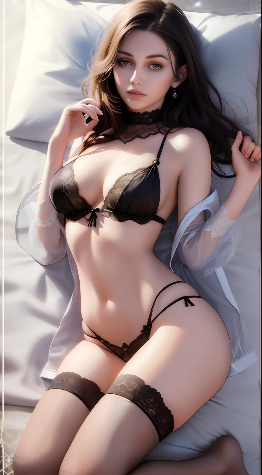 Best picture quality，tmasterpiece，woman，cleanness，Perfectly proportioned body，Exquisite facial features，Hyper-realistic，greybackground，Wet with，Transparent lace pajamas，full bodyesbian，Under the covers