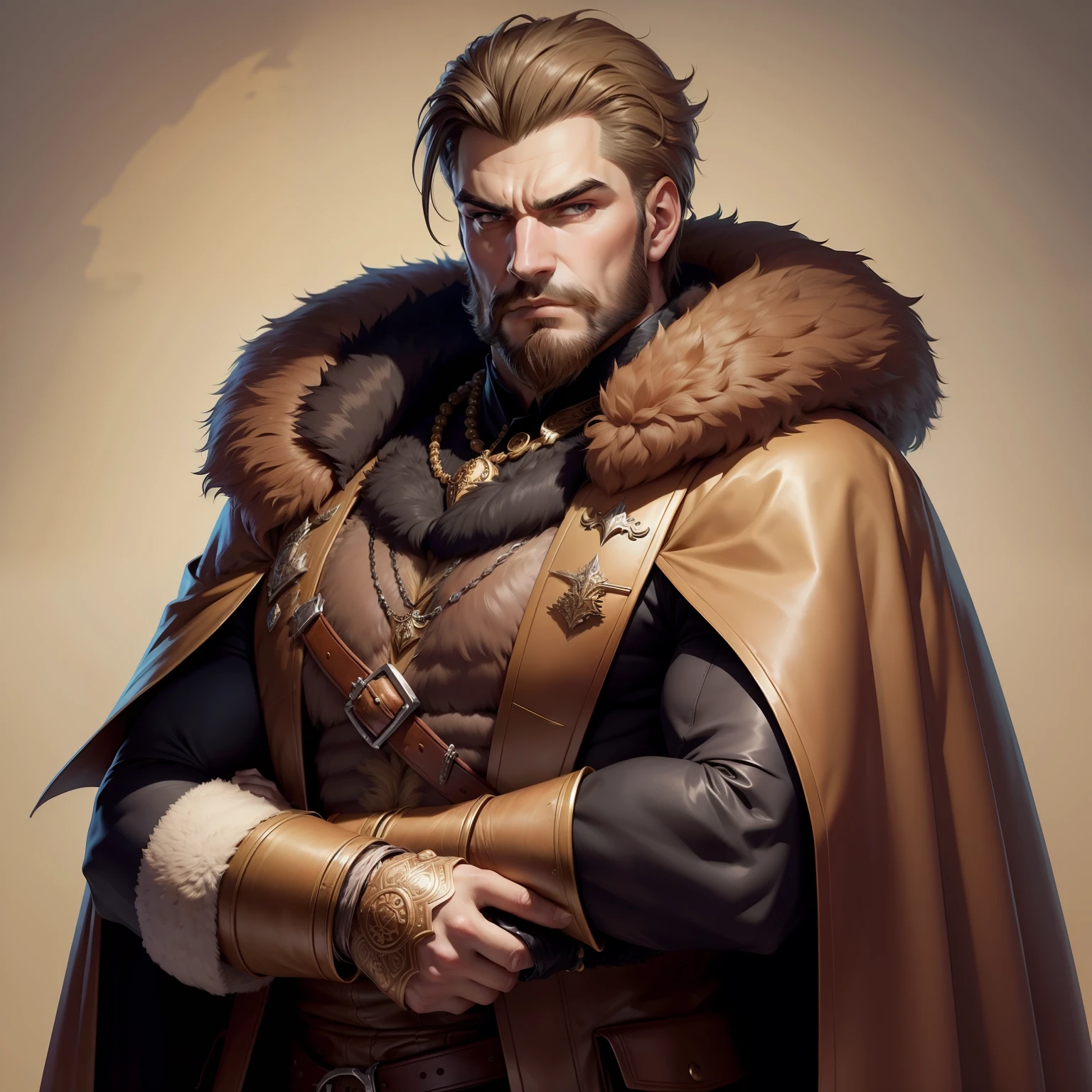 Man with arms crossed dressed in a large fur coat, estilo desenho animado