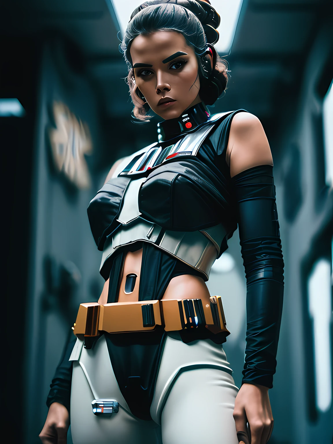 linda mulher, (((inspirada em personagem de "Star Wars")), roupas curtas estilo cyberpunk, ((Autorretrato frontal)), 8k UHD, DSLR, grain of film, pintura fotorrealista Fujifilm XT3 arte midjourney, (NSFW:0.5).