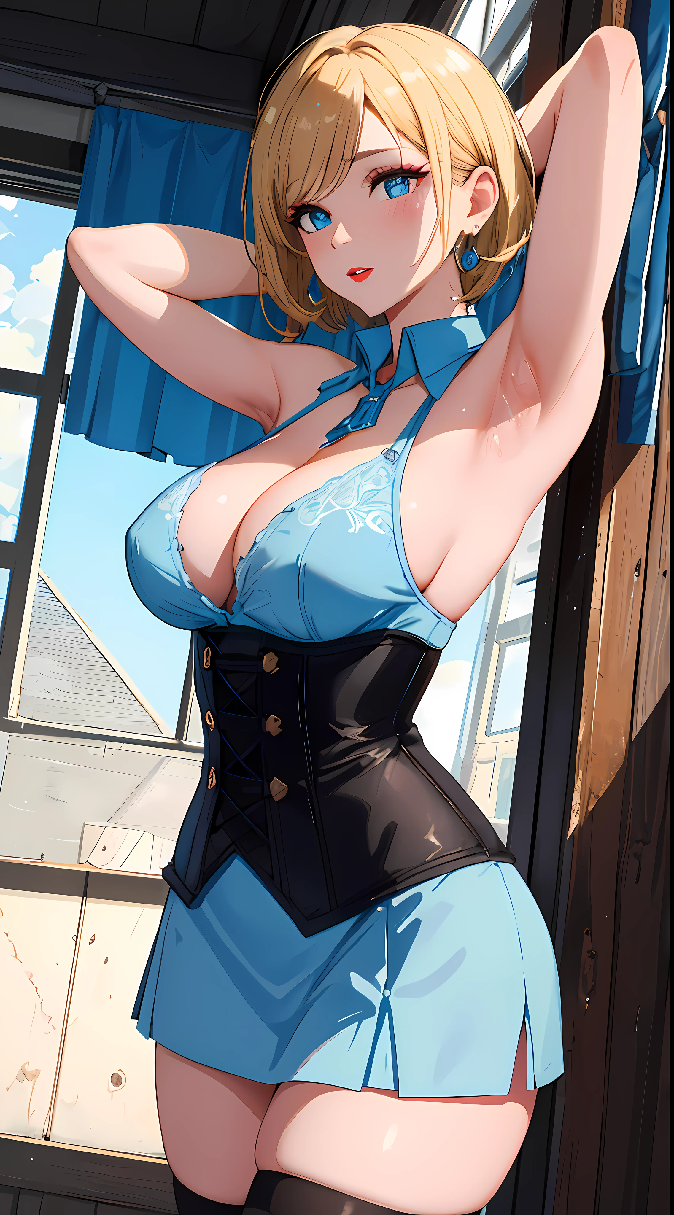 (masterpiece, best quality:1.4), colorful, vibrant image, sharp focus, highly detailed, intricate, ultra detailed drawing, digital art, HDR, 8K,
Kitami Reika is standing with hands behind head and exposed armpits, armpits focus, medical room, summer afternoon complex blackground, near window with blue sky, (tricky glance:1.1), looking at viewer, (cowboy shot:1.05), 
blonde hair, short hair, lipstick, makeup, black eyeshadow, smokey eyes, detailed hair, ultra detailed face, blue eyes, perfect eyes, perfect face, jewelry, cross earrings, blush, 
black corset mini dress, skirt, bare shoulders, black thighhighs, undressing lab coat,
mature female, 40yo, curvy,  (Large Breasts:1.1), cleavage,